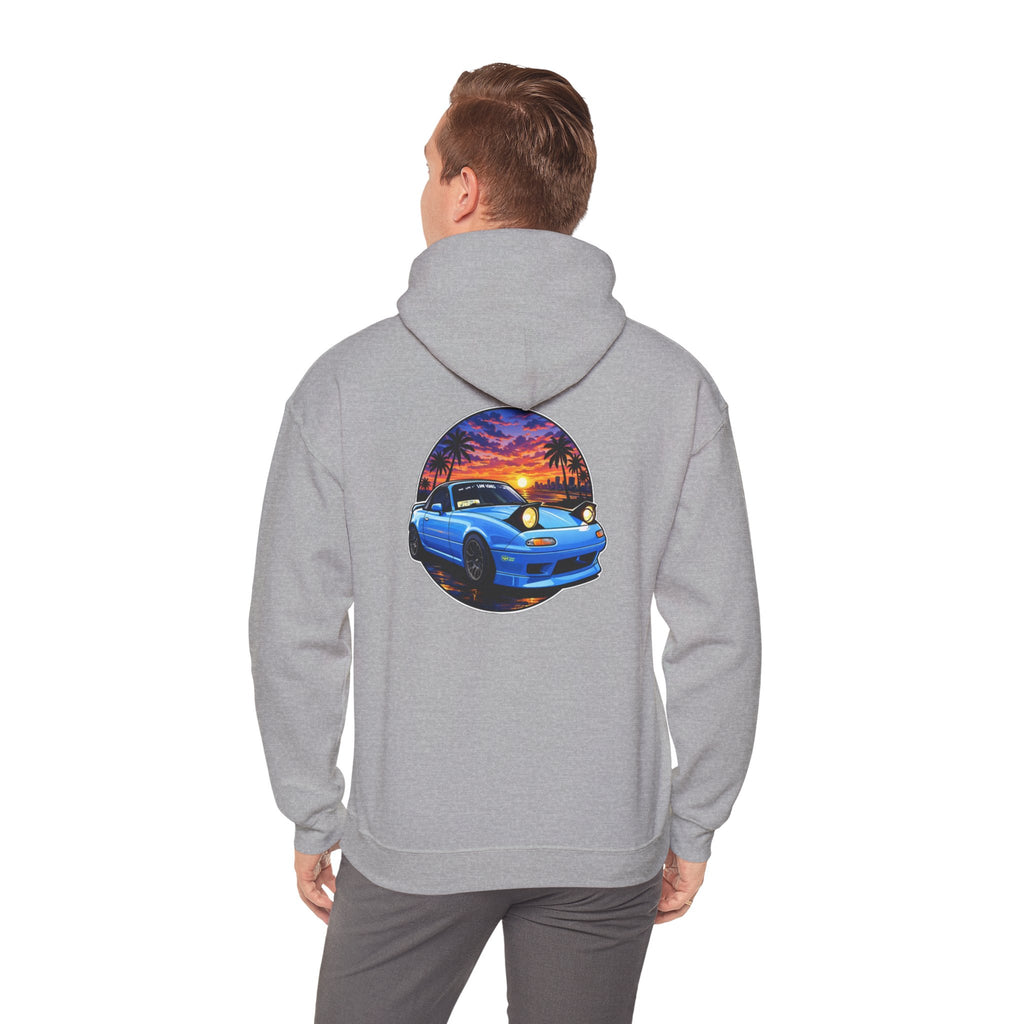 Sunset Skyline Miata Hoodie – Retro Blue Sports Car Graphic Sweatshirt