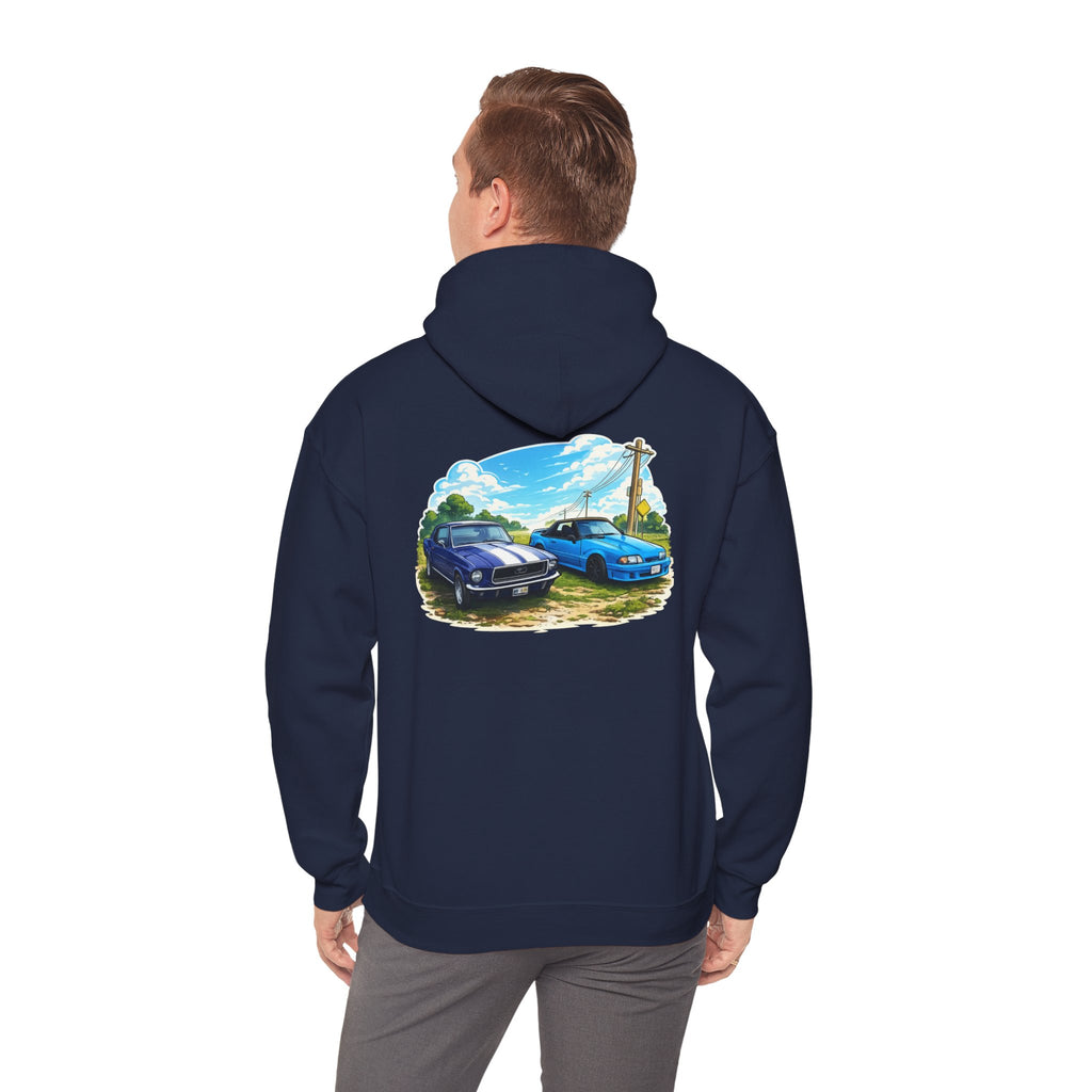 Classic Car Scene Hoodie — Vintage Two Muscle Cars Back Print