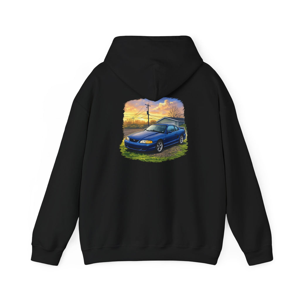 Car Sunset Hoodie – Vintage Blue Mustang Scenic Graphic Sweatshirt