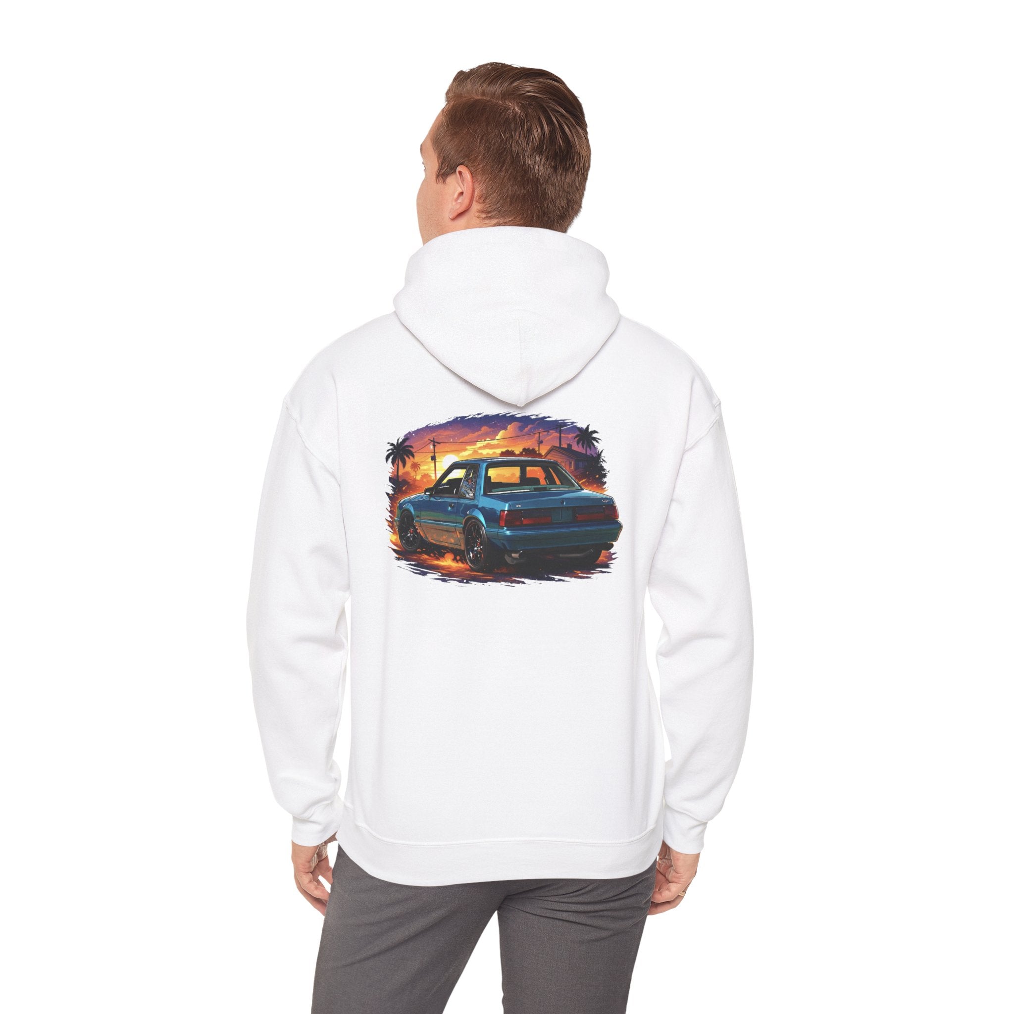 Vintage Mustang Car Hoodie — Sunset Palm Beach Classic Cruiser Sweatshirt
