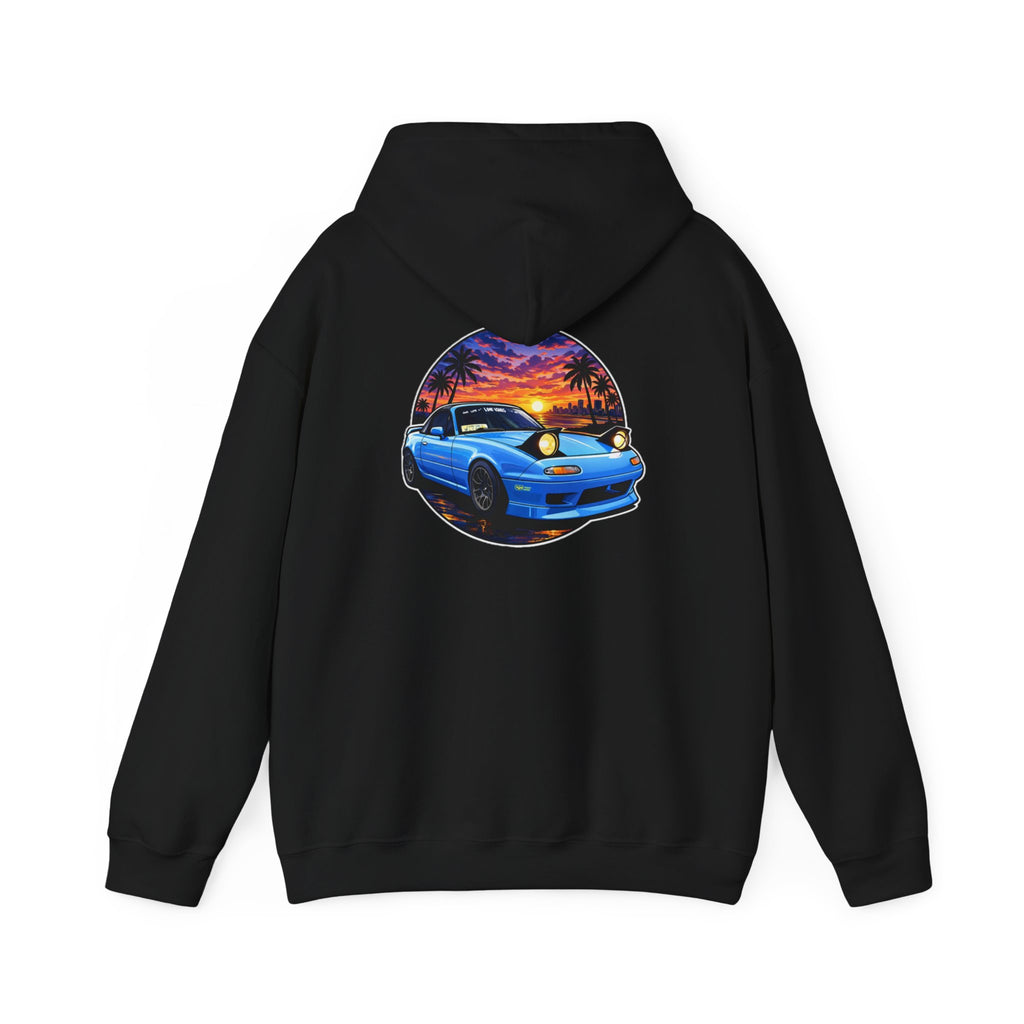 Sunset Skyline Miata Hoodie – Retro Blue Sports Car Graphic Sweatshirt