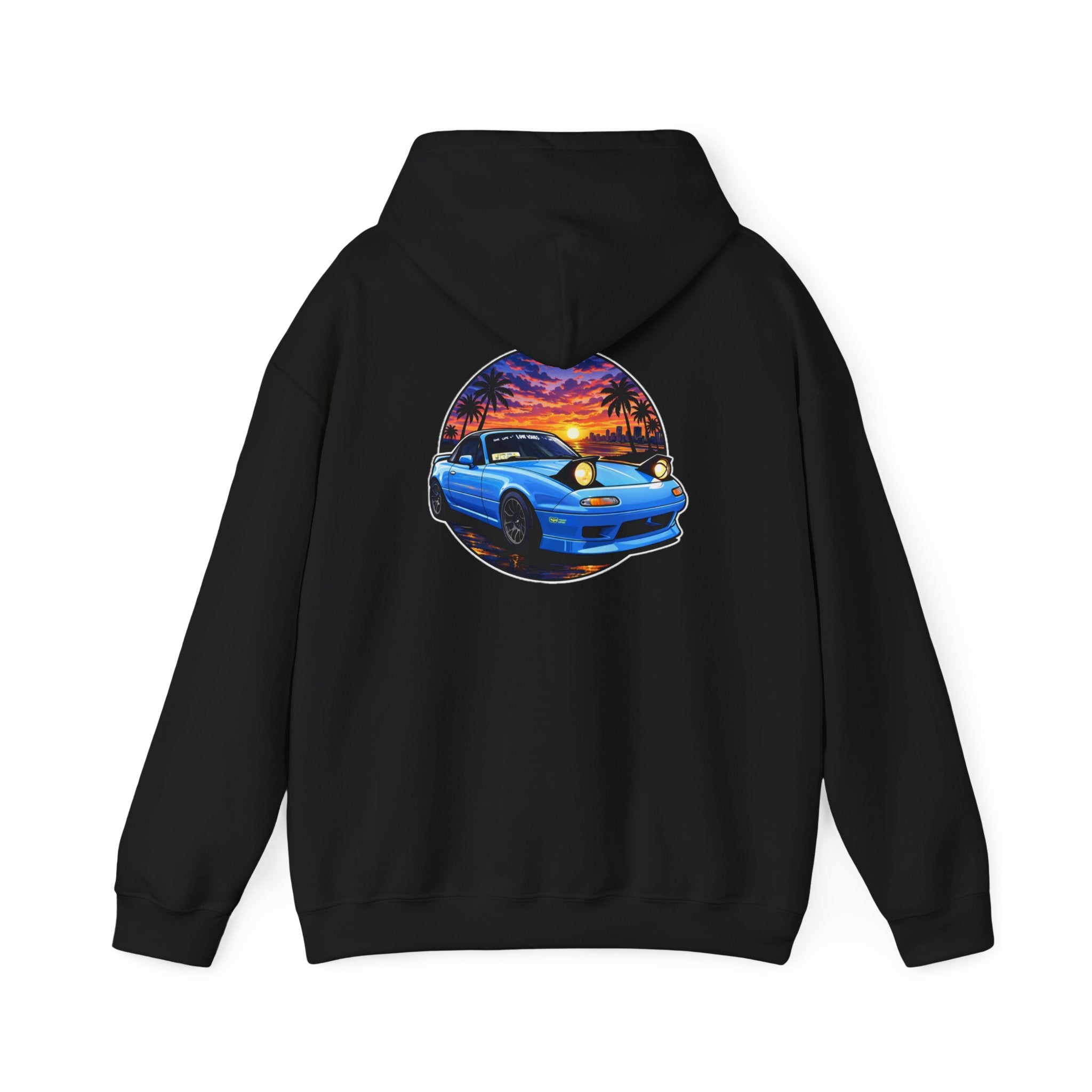 Sunset Skyline Miata Hoodie – Retro Blue Sports Car Graphic Sweatshirt