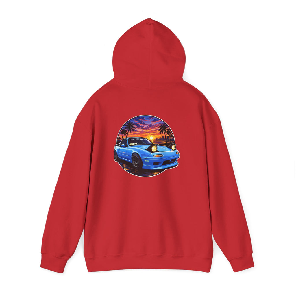 Sunset Skyline Miata Hoodie – Retro Blue Sports Car Graphic Sweatshirt