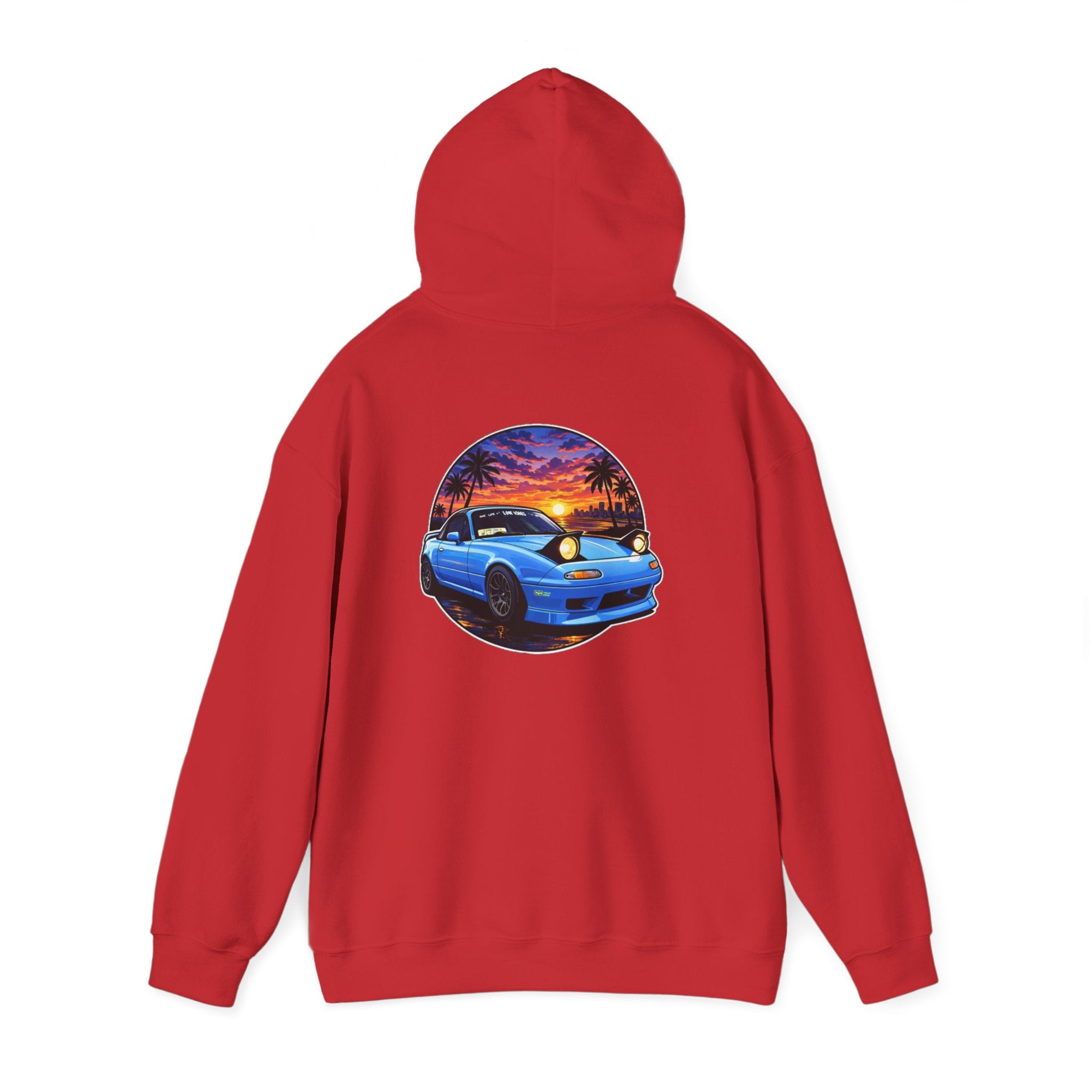 Sunset Skyline Miata Hoodie – Retro Blue Sports Car Graphic Sweatshirt