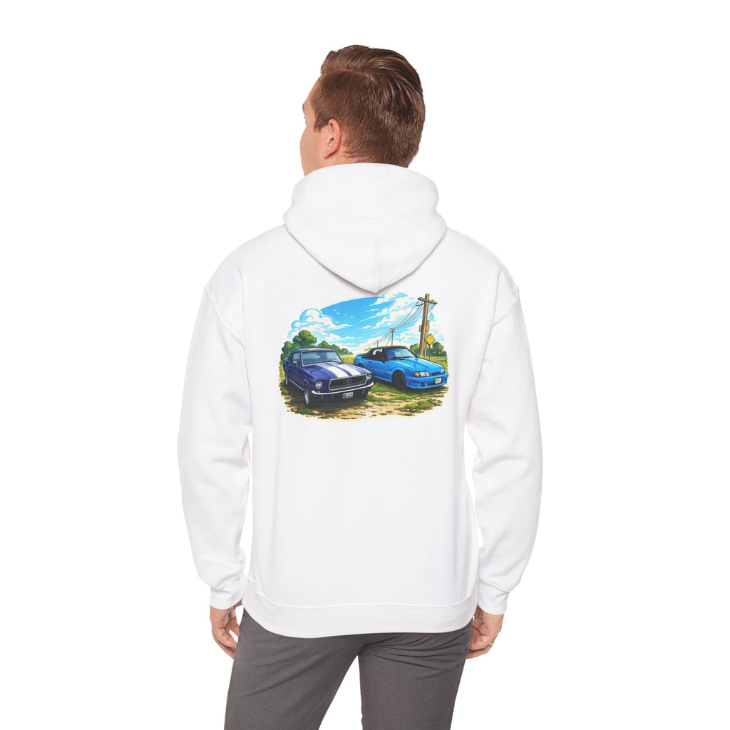 Classic Car Scene Hoodie — Vintage Two Muscle Cars Back Print