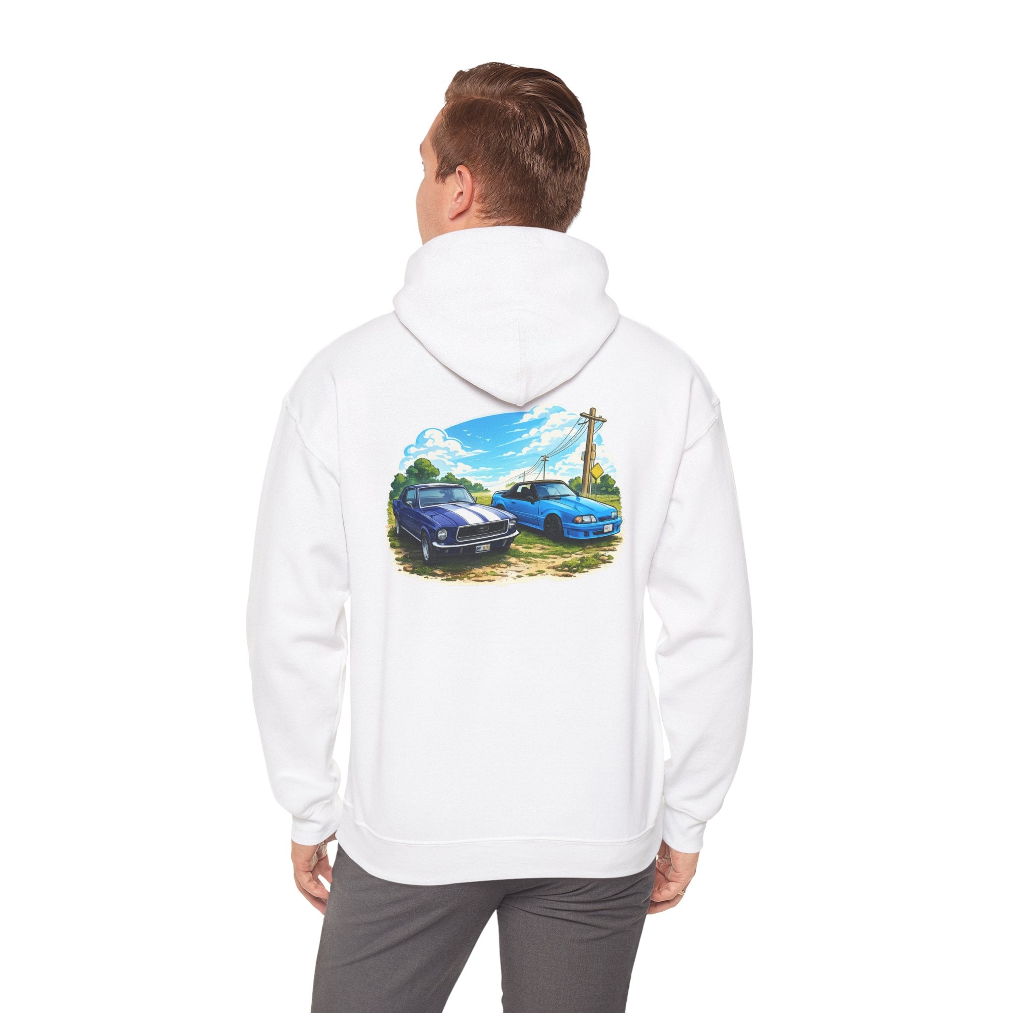 Classic Car Scene Hoodie — Vintage Two Muscle Cars Back Print