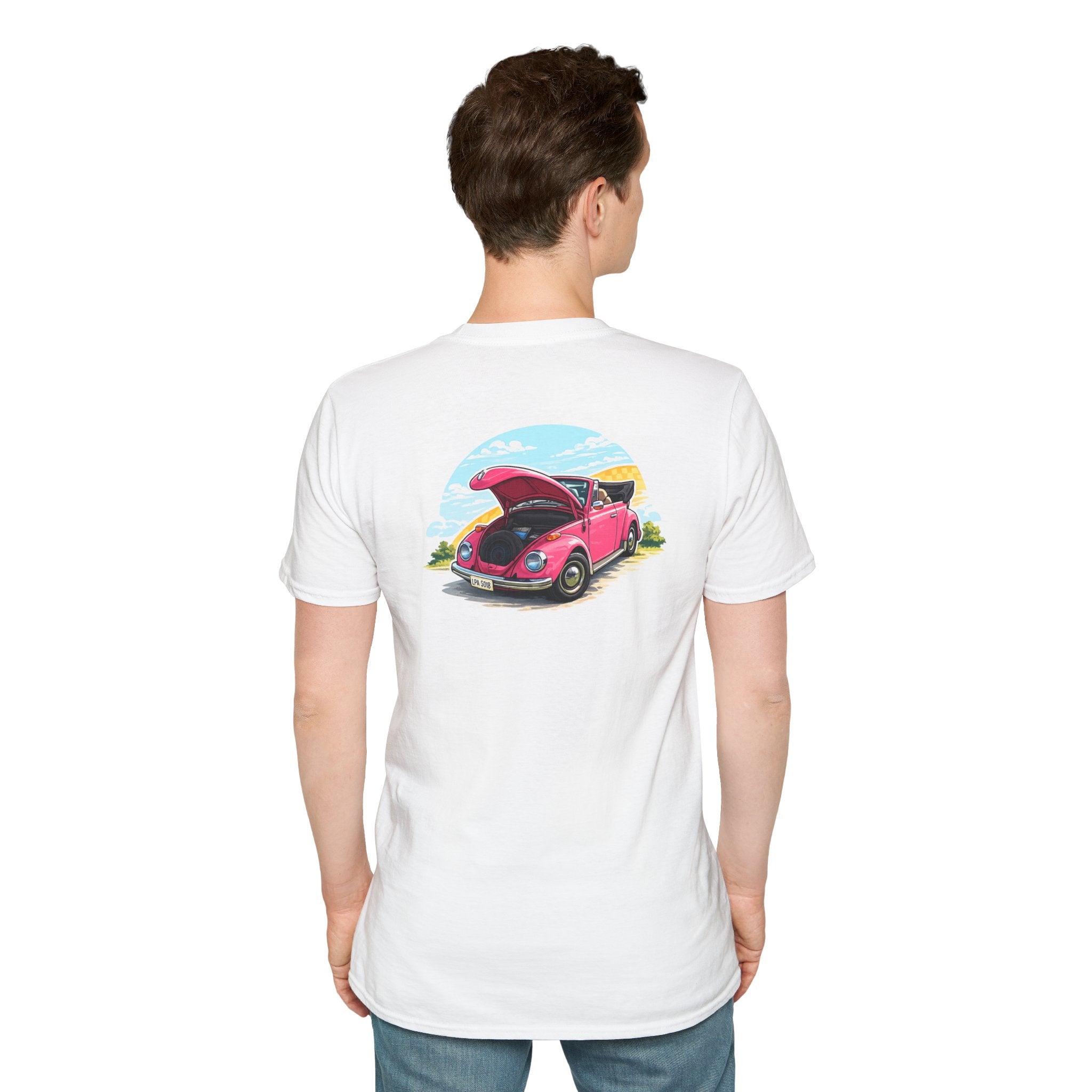 Classic Pink Beetle T‑Shirt — Vintage VW Car Illustration