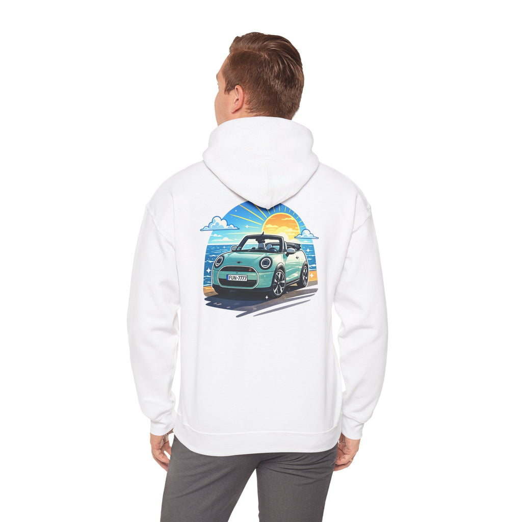 Mini Cooper Beach Sunset Hoodie — Retro Car Graphic Sweatshirt