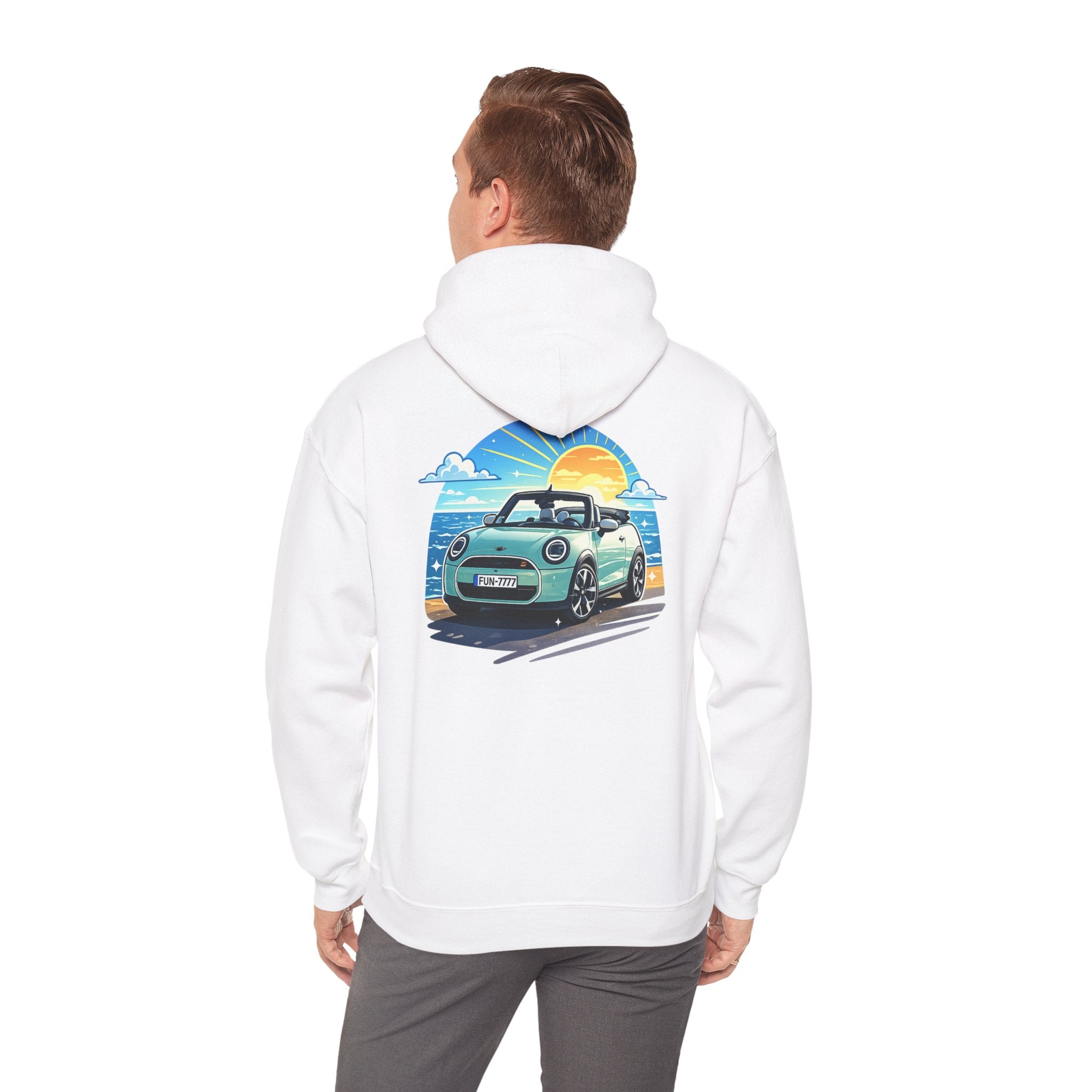 Mini Cooper Beach Sunset Hoodie — Retro Car Graphic Sweatshirt