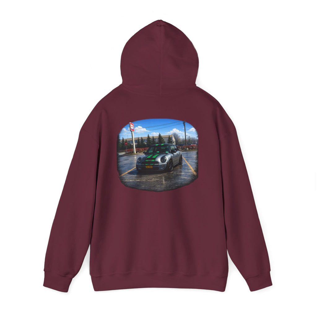 Car Enthusiast Hoodie — Mini Cooper Rainy Parking Print