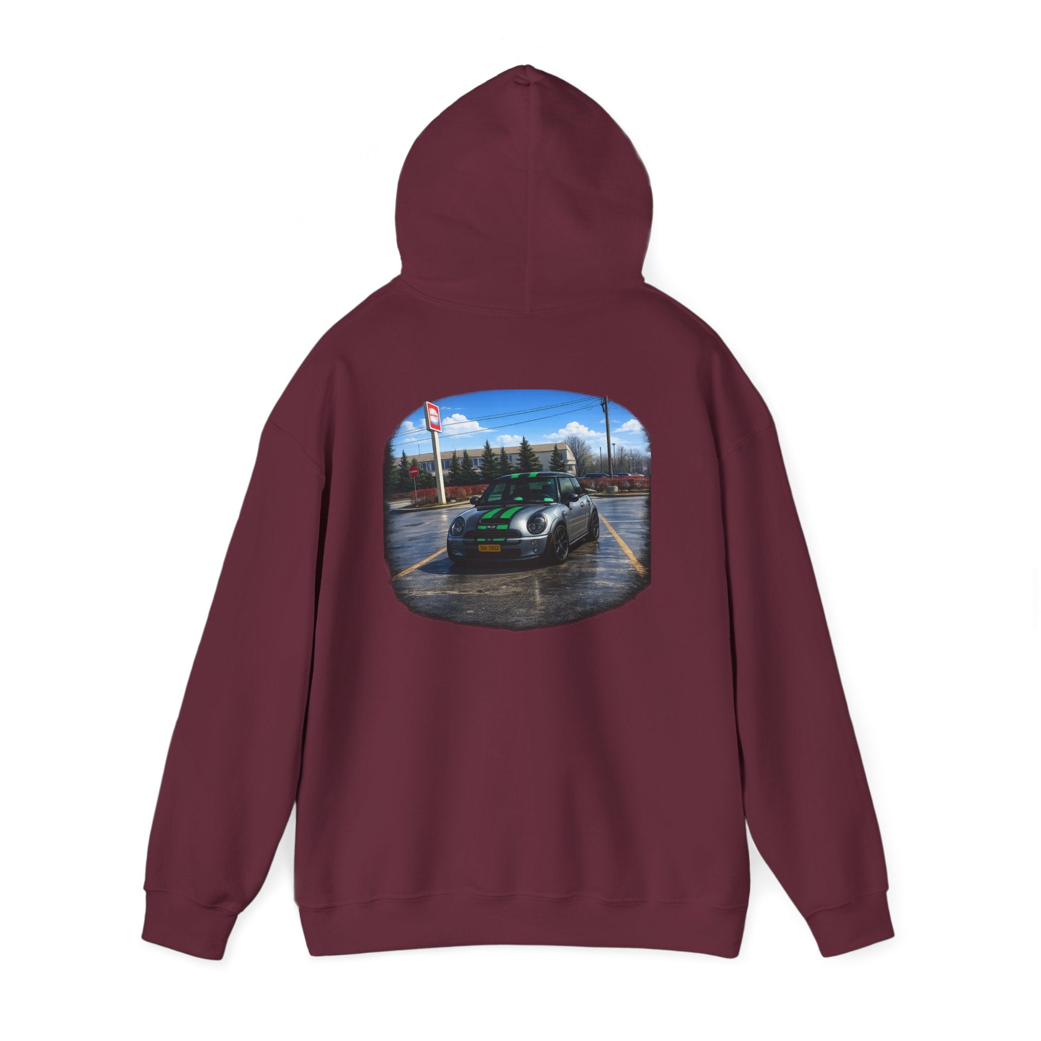 Car Enthusiast Hoodie — Mini Cooper Rainy Parking Print