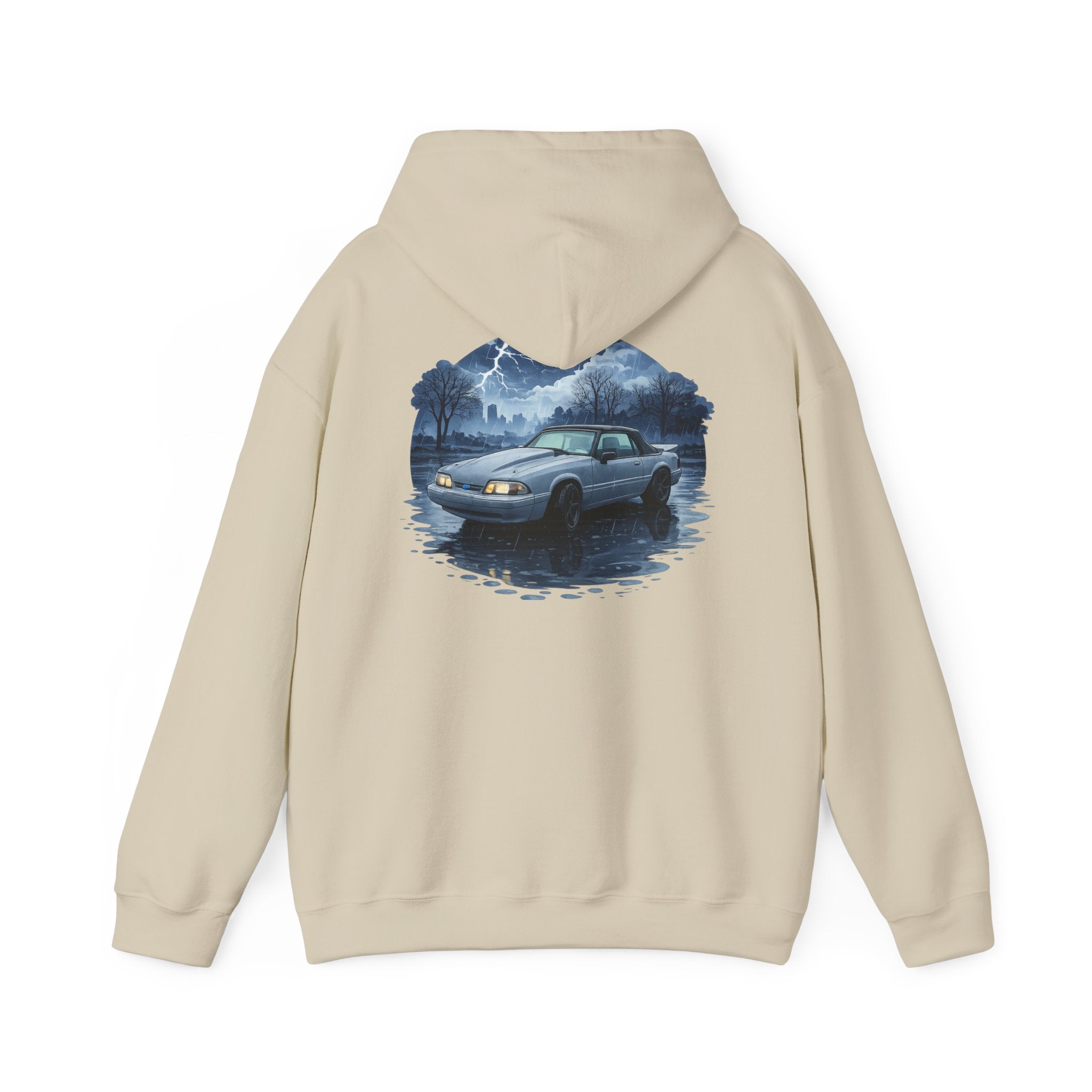 Hoodie - Retro Night Drive Mustang Hoodie (Vintage Car, Moonlit Lakeside Scene)