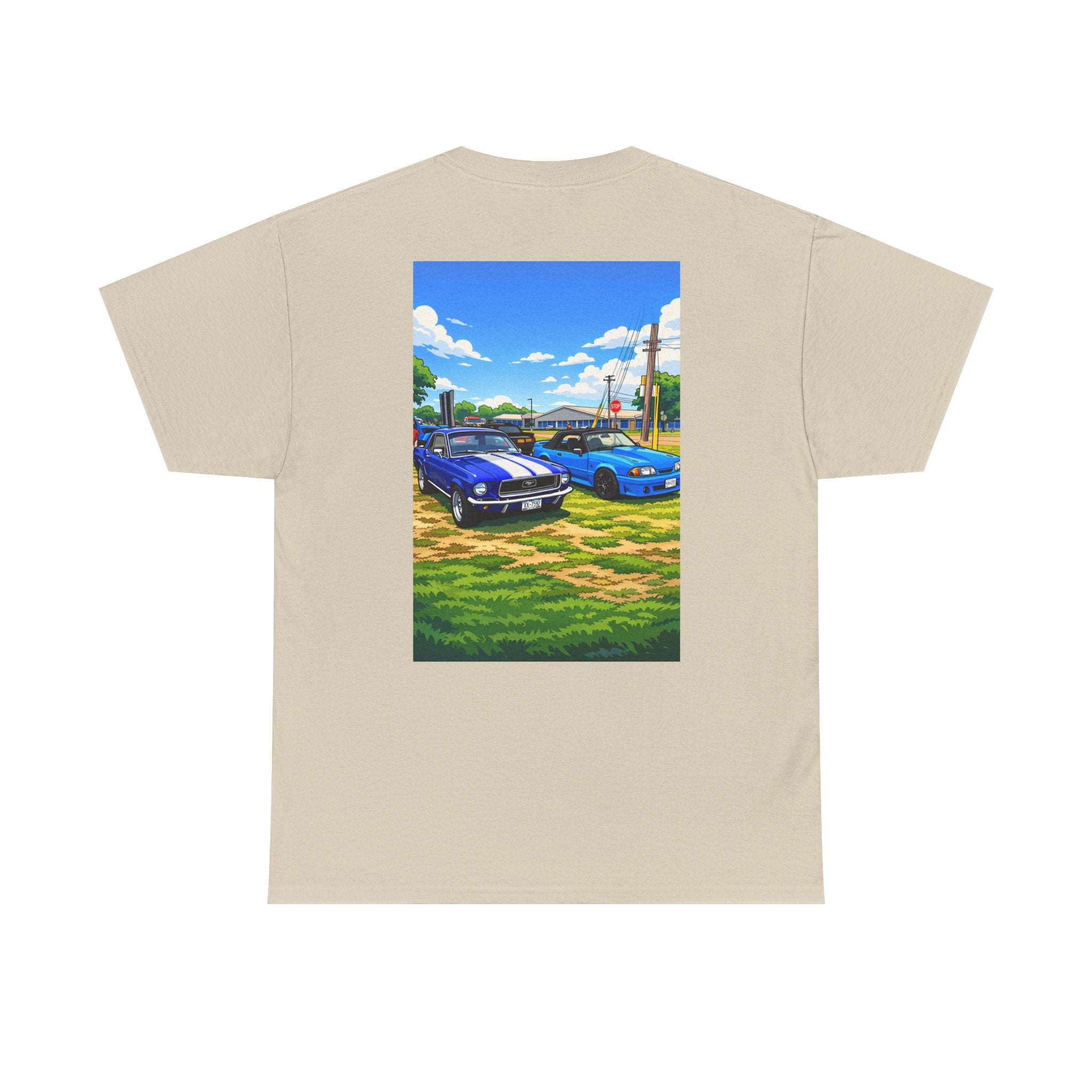 T-Shirt — Vintage Muscle Cars Print Tee (Blue Mustangs Back Graphic)