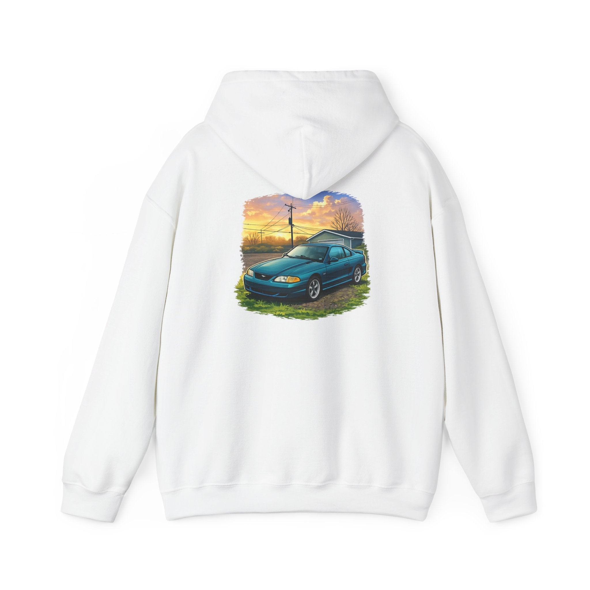 Sunset teal Mustang Hoodie — Vintage Car Sunset Graphic Hooded Sweatshirt