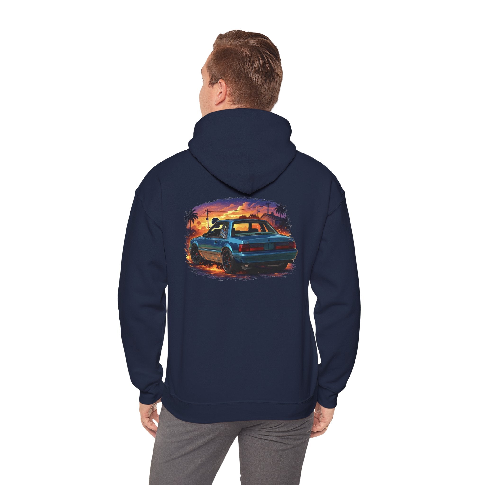 Vintage Mustang Car Hoodie — Sunset Palm Beach Classic Cruiser Sweatshirt