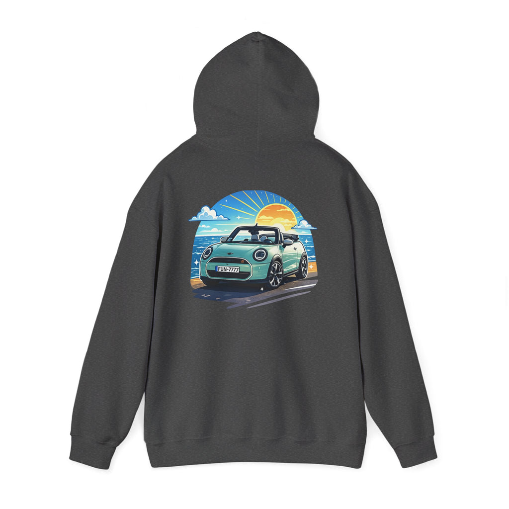 Mini Cooper Beach Sunset Hoodie — Retro Car Graphic Sweatshirt