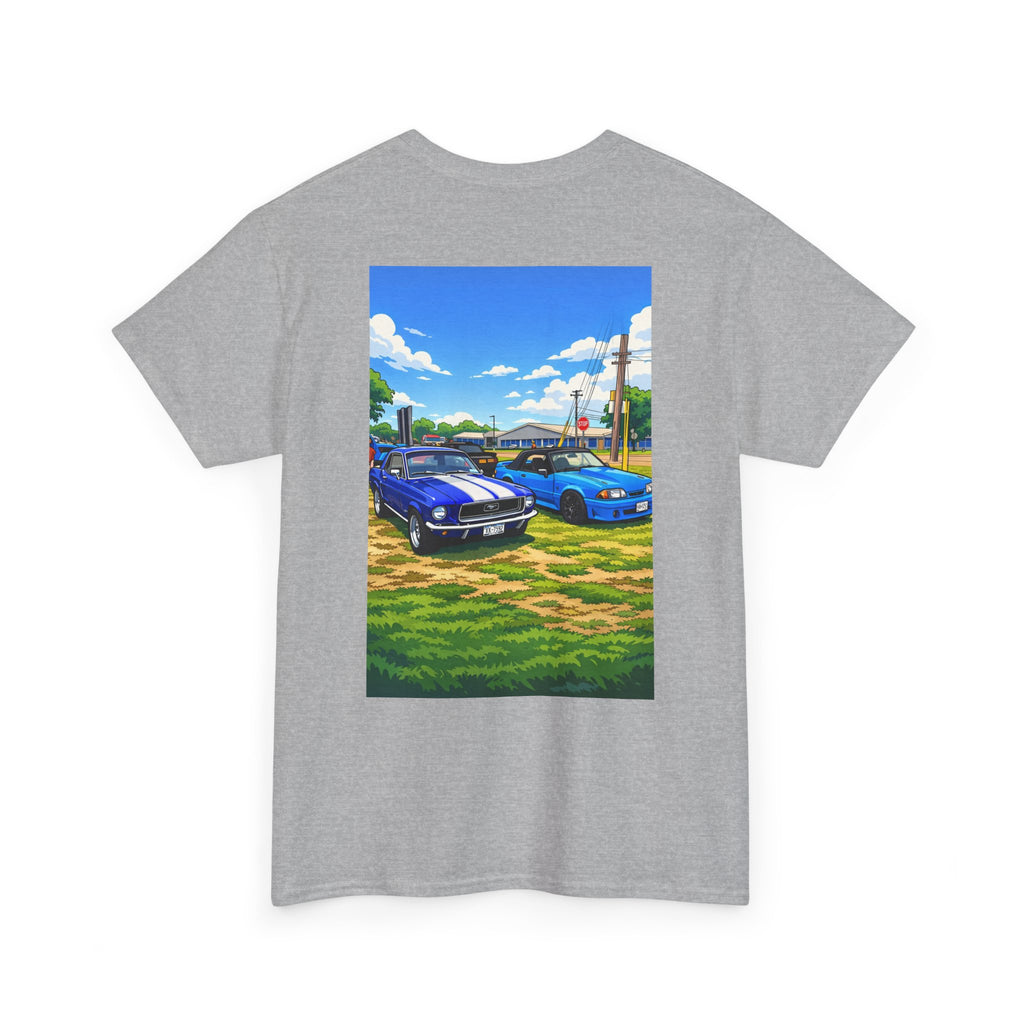 T-Shirt — Vintage Muscle Cars Print Tee (Blue Mustangs Back Graphic)