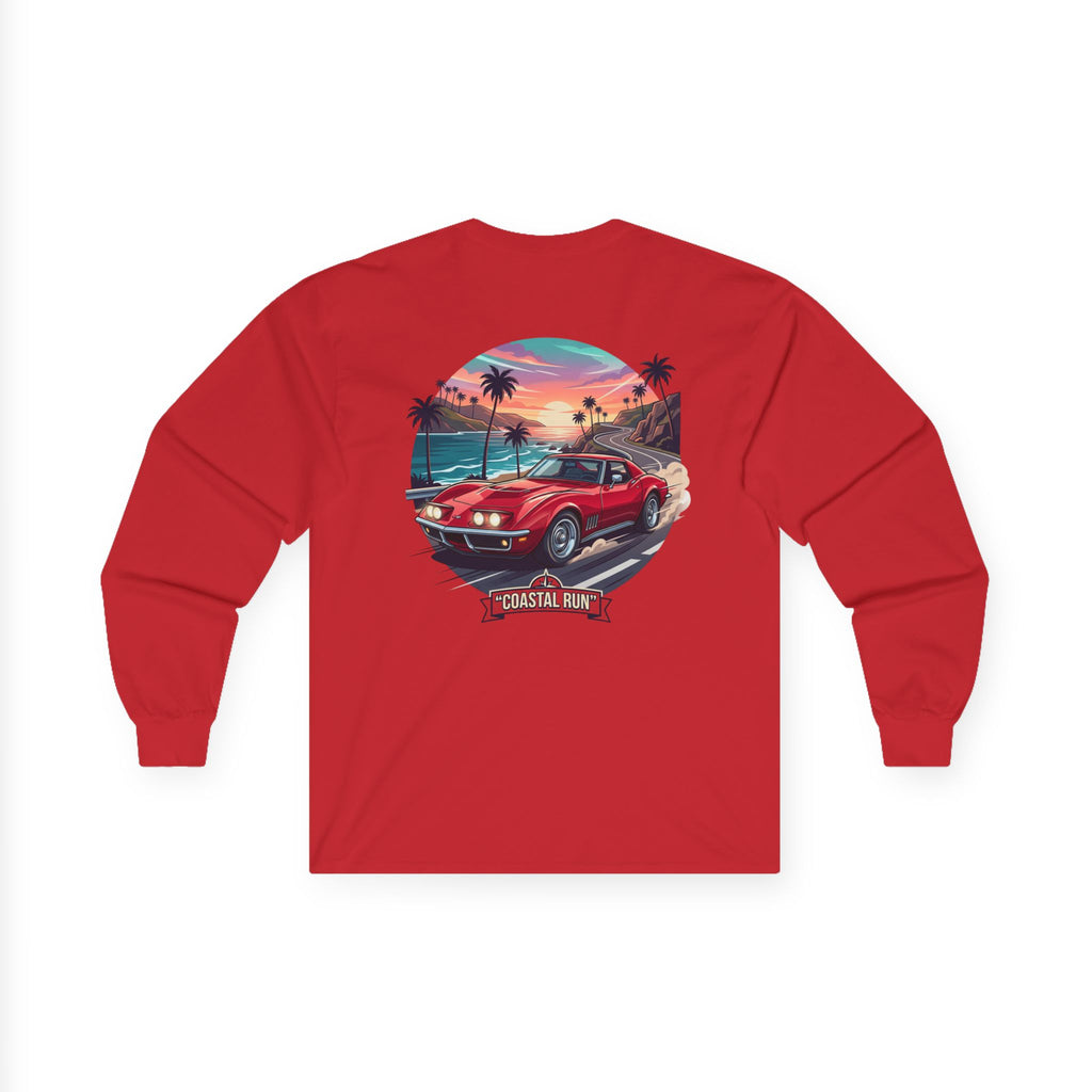 Vintage Muscle Car Long Sleeve Tee — 'Coastal Run' Retro Sunset Graphic