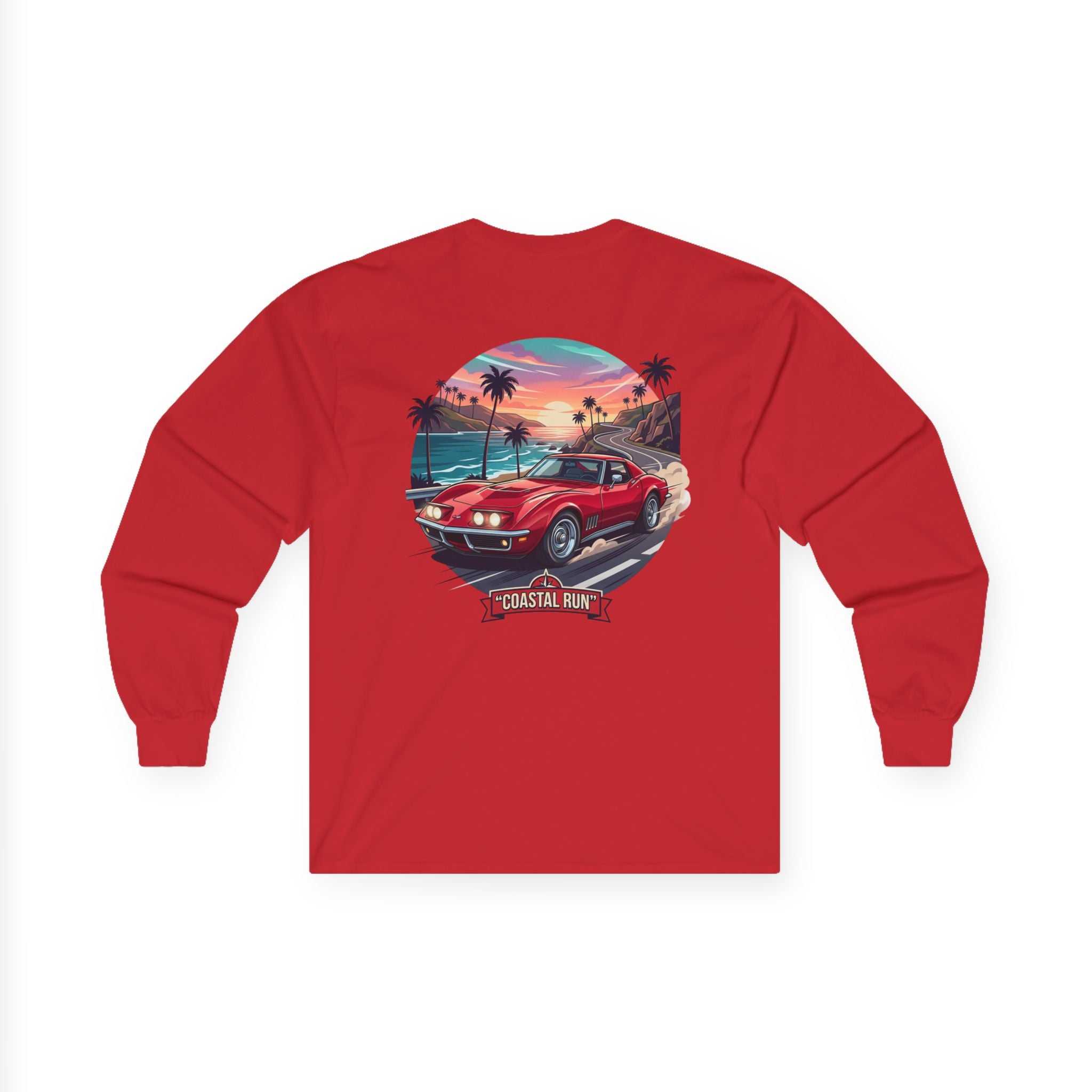 Vintage Muscle Car Long Sleeve Tee — 'Coastal Run' Retro Sunset Graphic