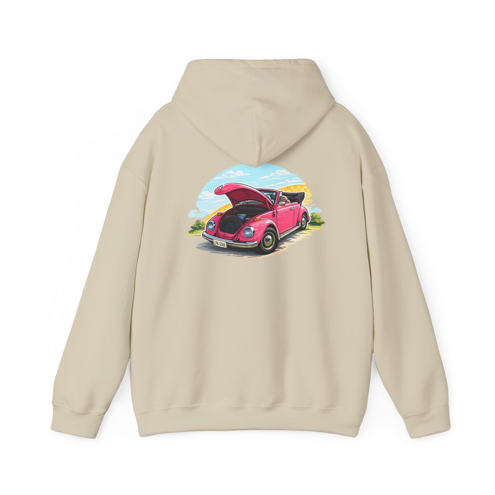 Vintage Pink Beetle Hoodie – Retro VW Bug Illustration Sweatshirt