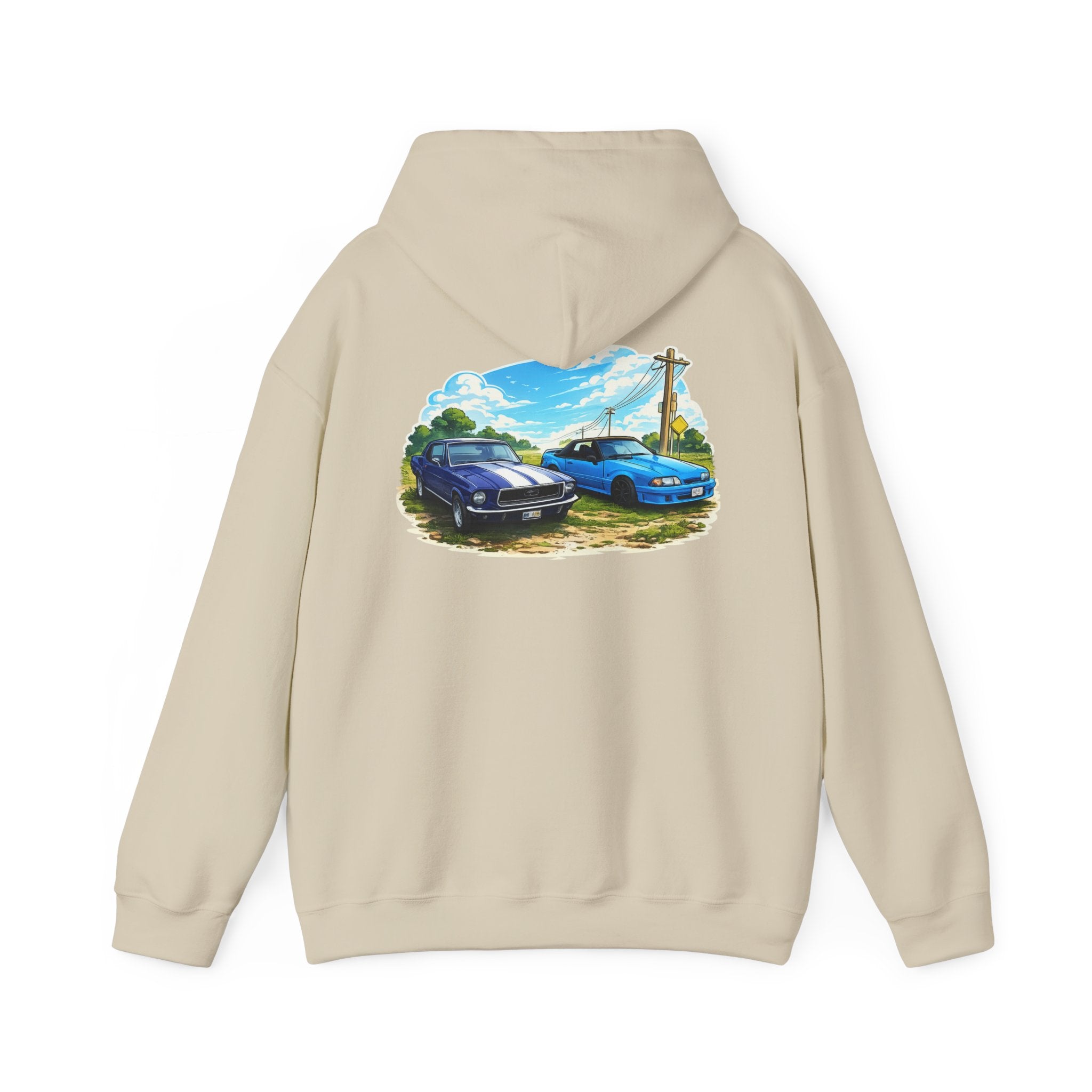 Classic Car Scene Hoodie — Vintage Two Muscle Cars Back Print