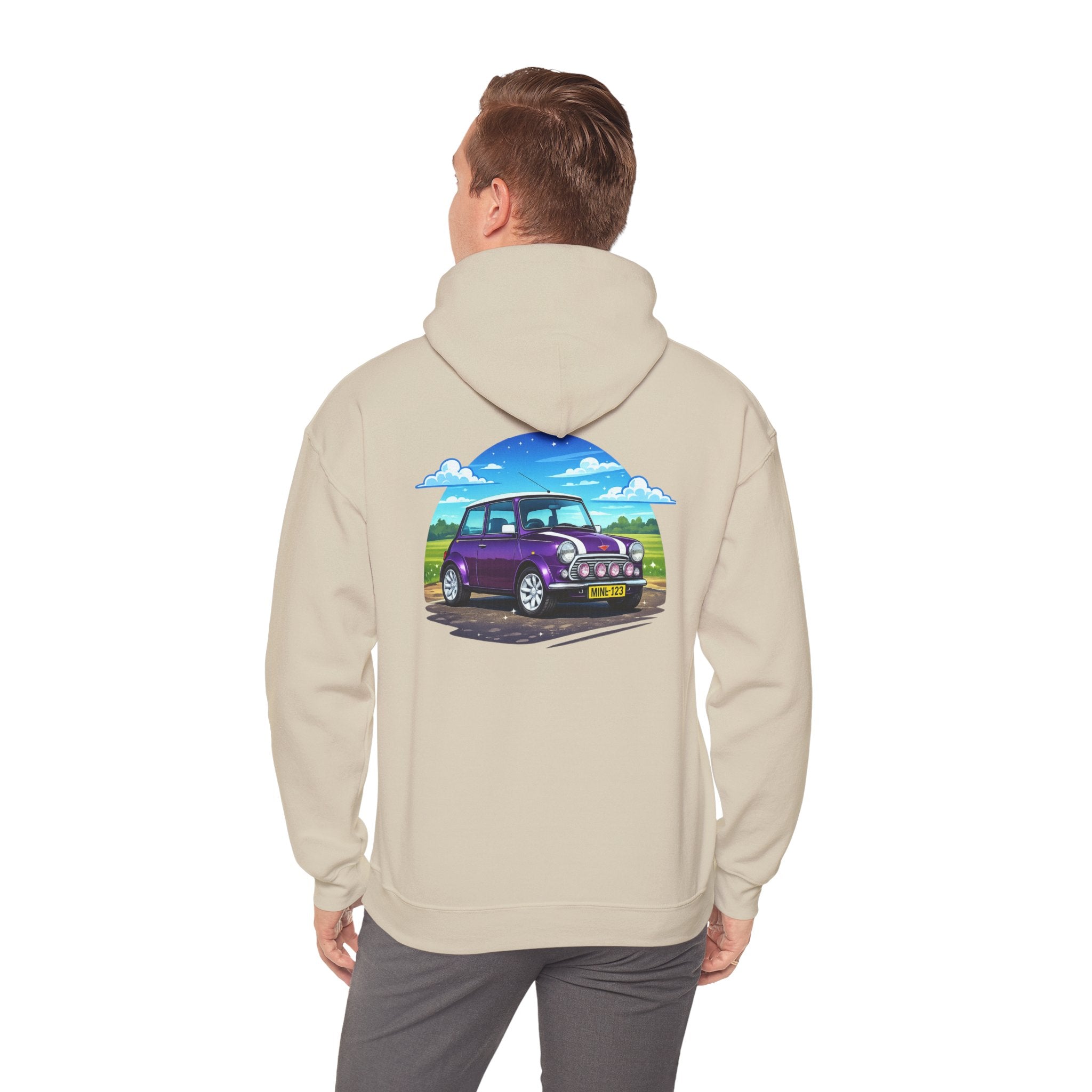 Classic Mini Cooper Hoodie — Retro Purple Car Graphic Pullover