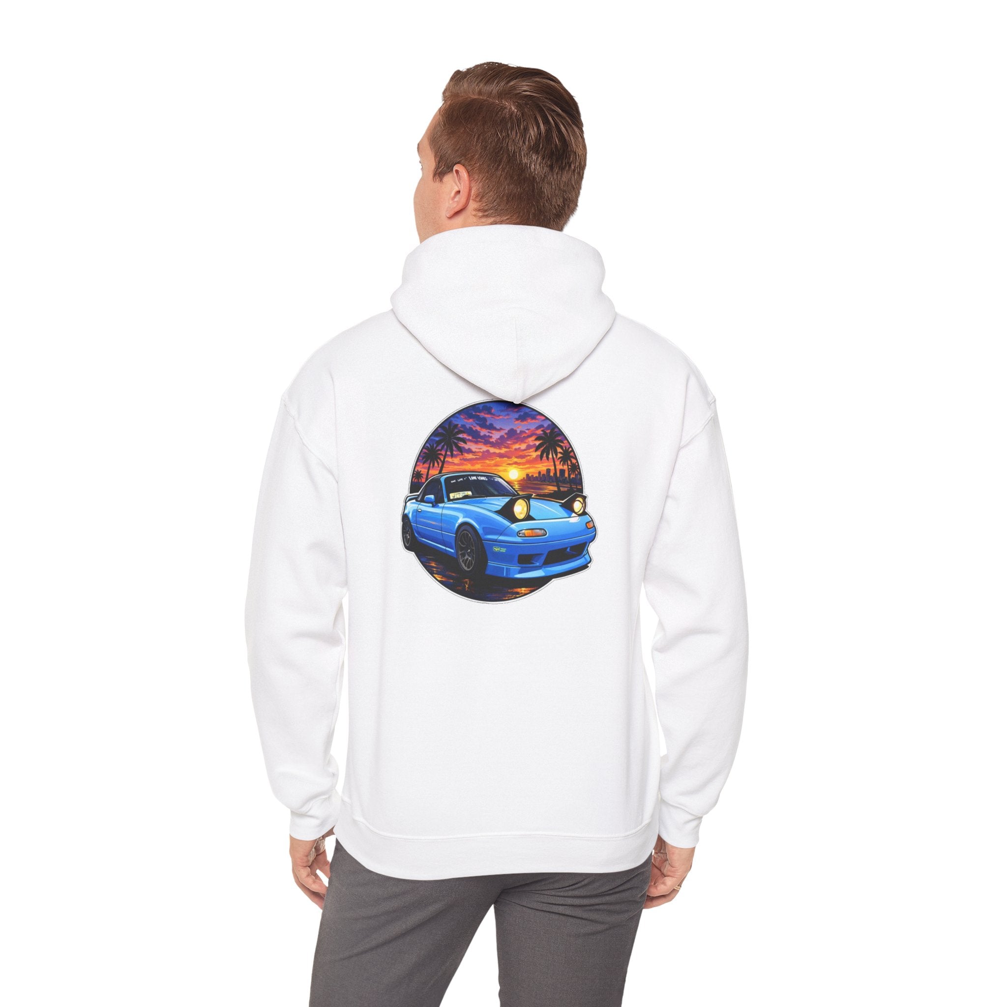 Sunset Skyline Miata Hoodie – Retro Blue Sports Car Graphic Sweatshirt