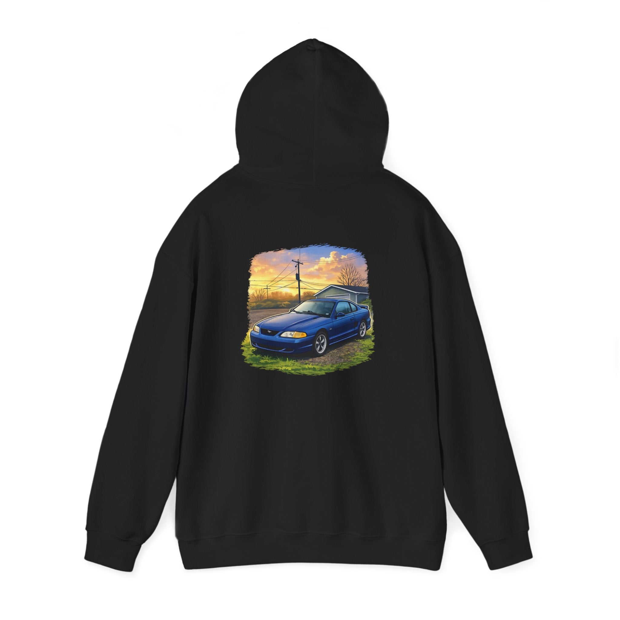 Car Sunset Hoodie – Vintage Blue Mustang Scenic Graphic Sweatshirt