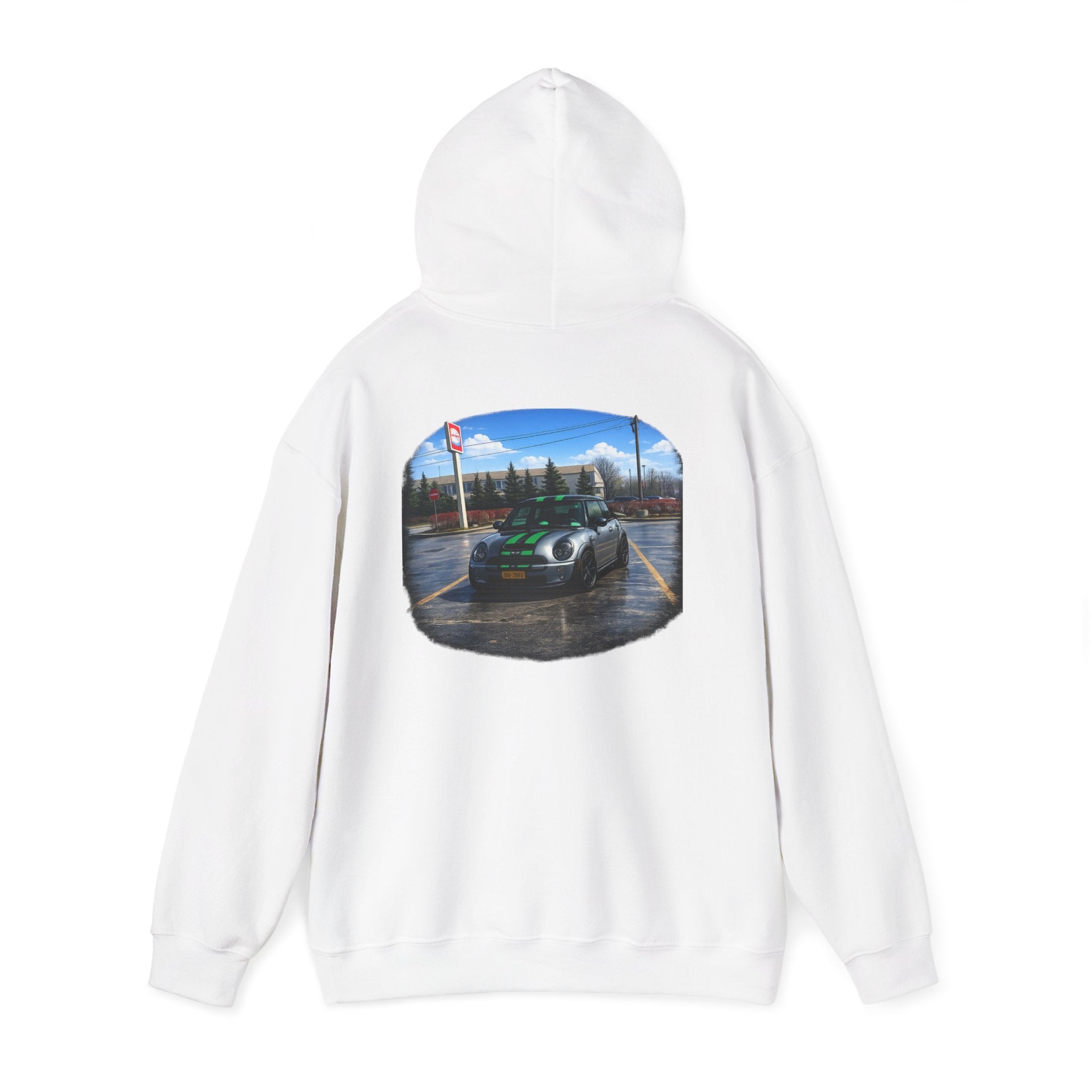 Car Enthusiast Hoodie — Mini Cooper Rainy Parking Print