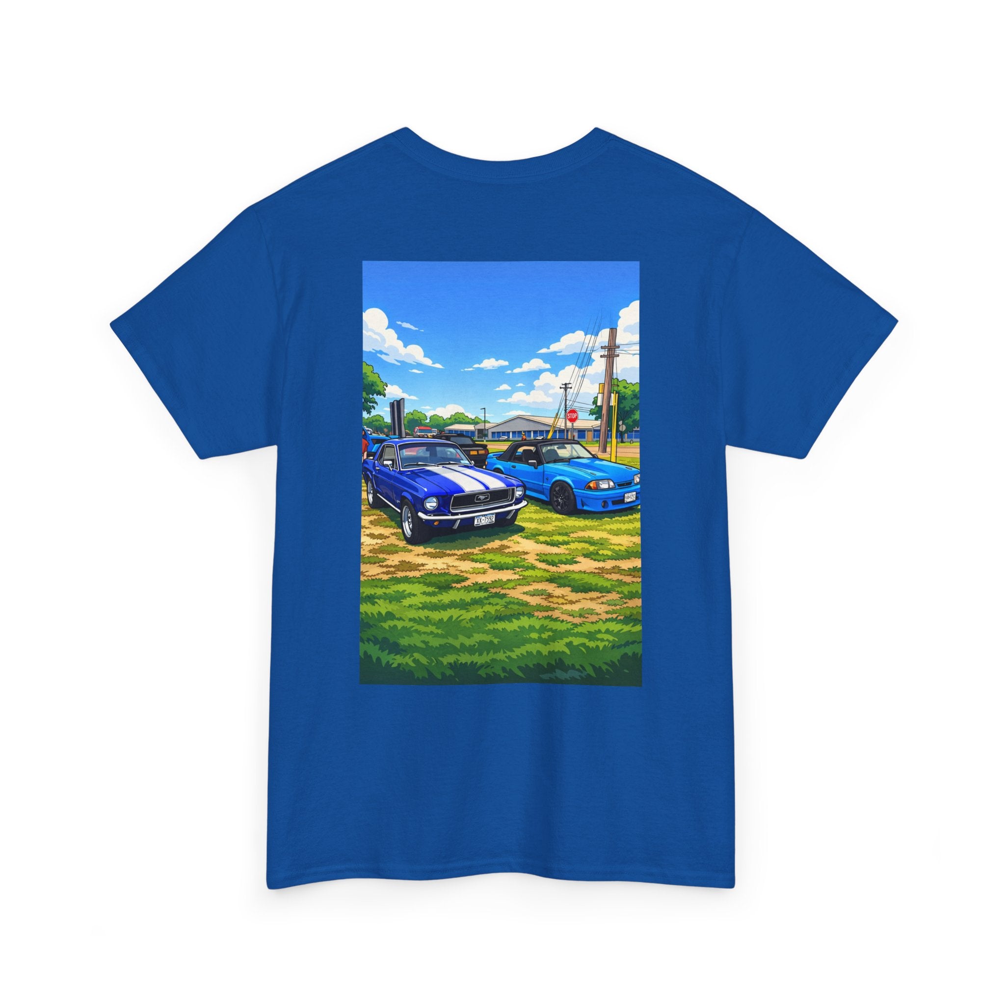 T-Shirt — Vintage Muscle Cars Print Tee (Blue Mustangs Back Graphic)