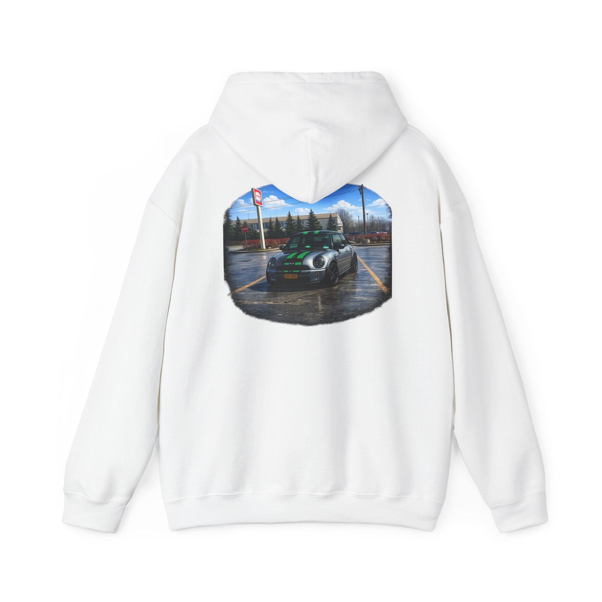 Car Enthusiast Hoodie — Mini Cooper Rainy Parking Print