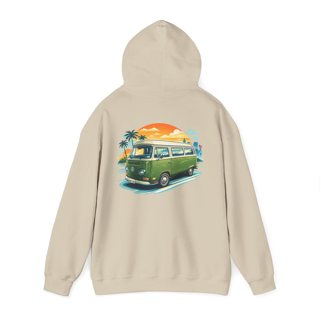 Vintage Green VW Camper Hoodie — Retro Surf Van Sunset Pullover