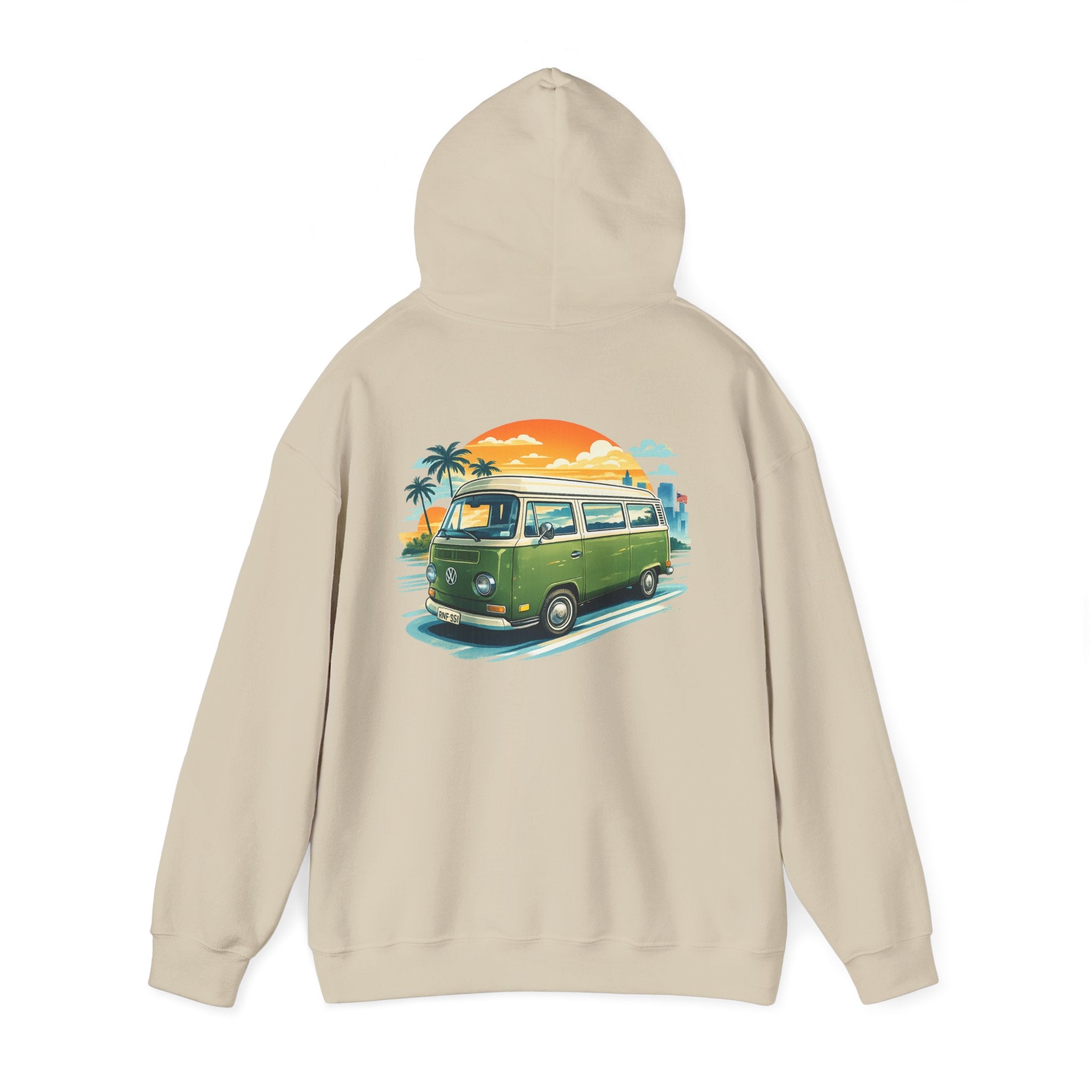 Vintage Green VW Camper Hoodie — Retro Surf Van Sunset Pullover
