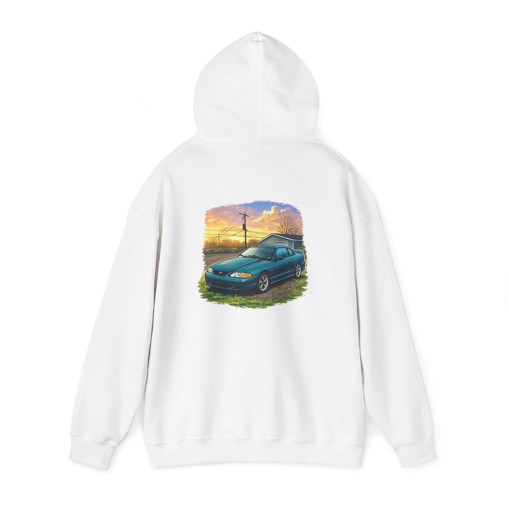 Sunset teal Mustang Hoodie — Vintage Car Sunset Graphic Hooded Sweatshirt