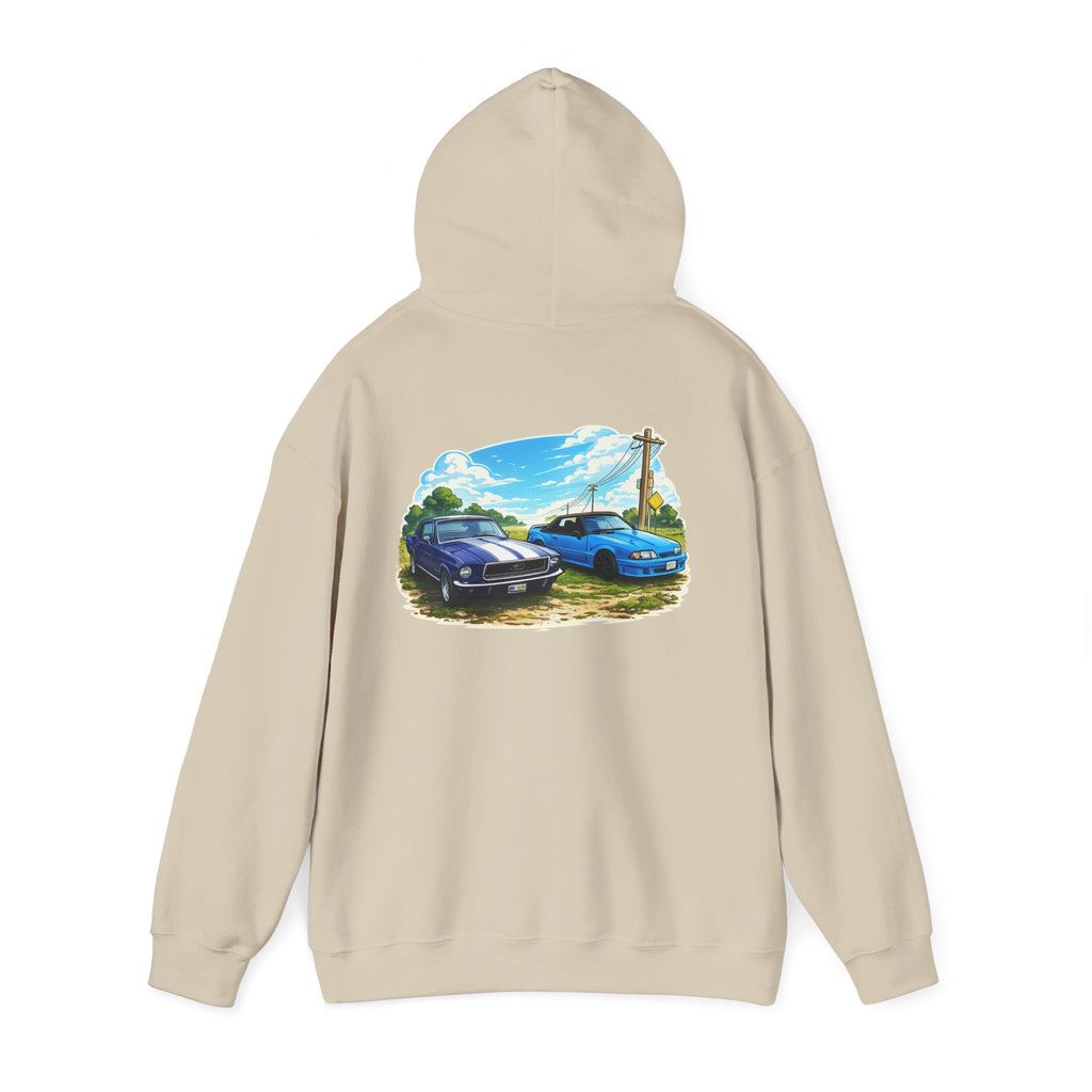 Classic Car Scene Hoodie — Vintage Two Muscle Cars Back Print