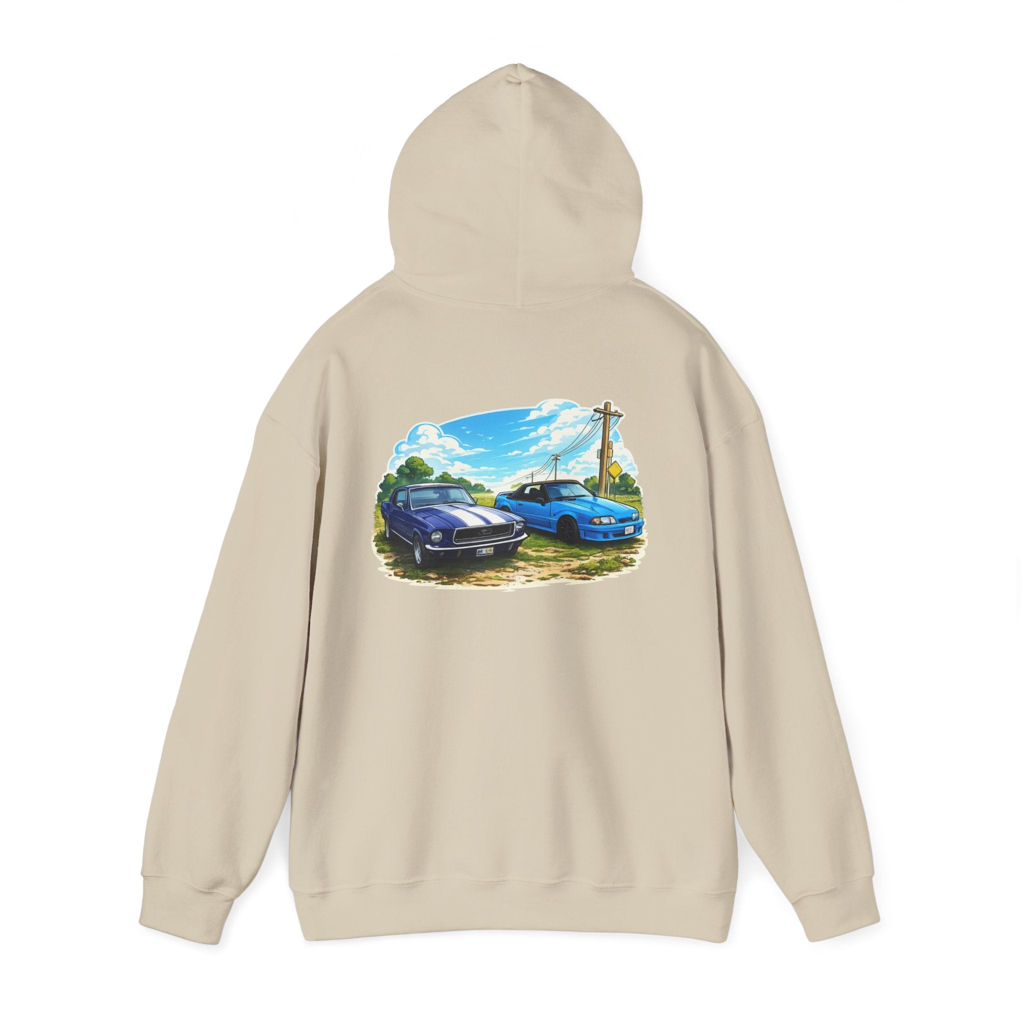 Classic Car Scene Hoodie — Vintage Two Muscle Cars Back Print