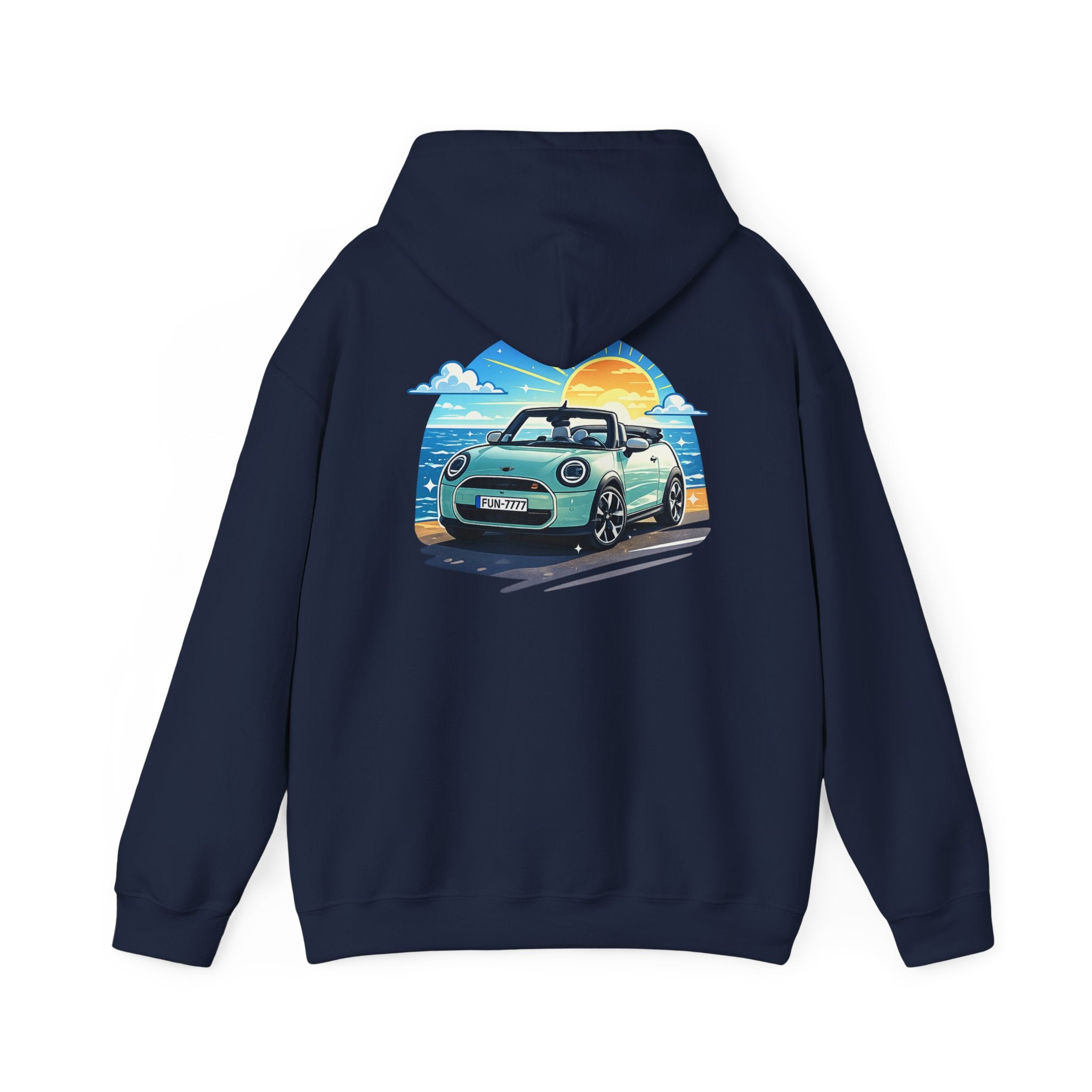 Mini Cooper Beach Sunset Hoodie — Retro Car Graphic Sweatshirt