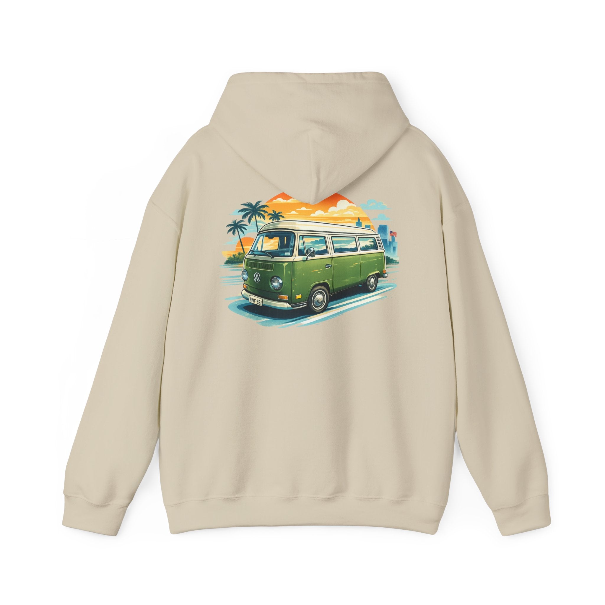 Vintage Green VW Camper Hoodie — Retro Surf Van Sunset Pullover