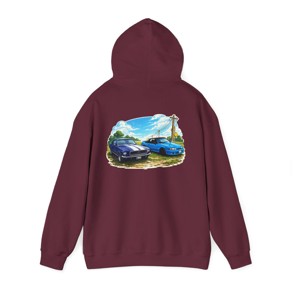 Classic Car Scene Hoodie — Vintage Two Muscle Cars Back Print