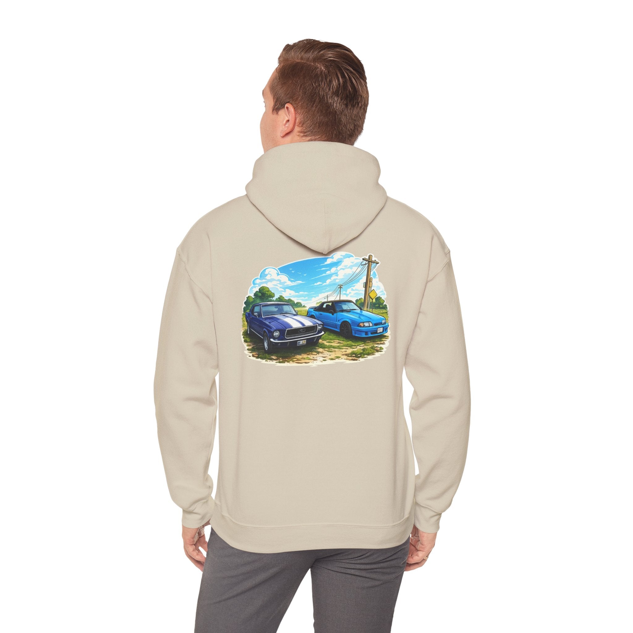 Classic Car Scene Hoodie — Vintage Two Muscle Cars Back Print