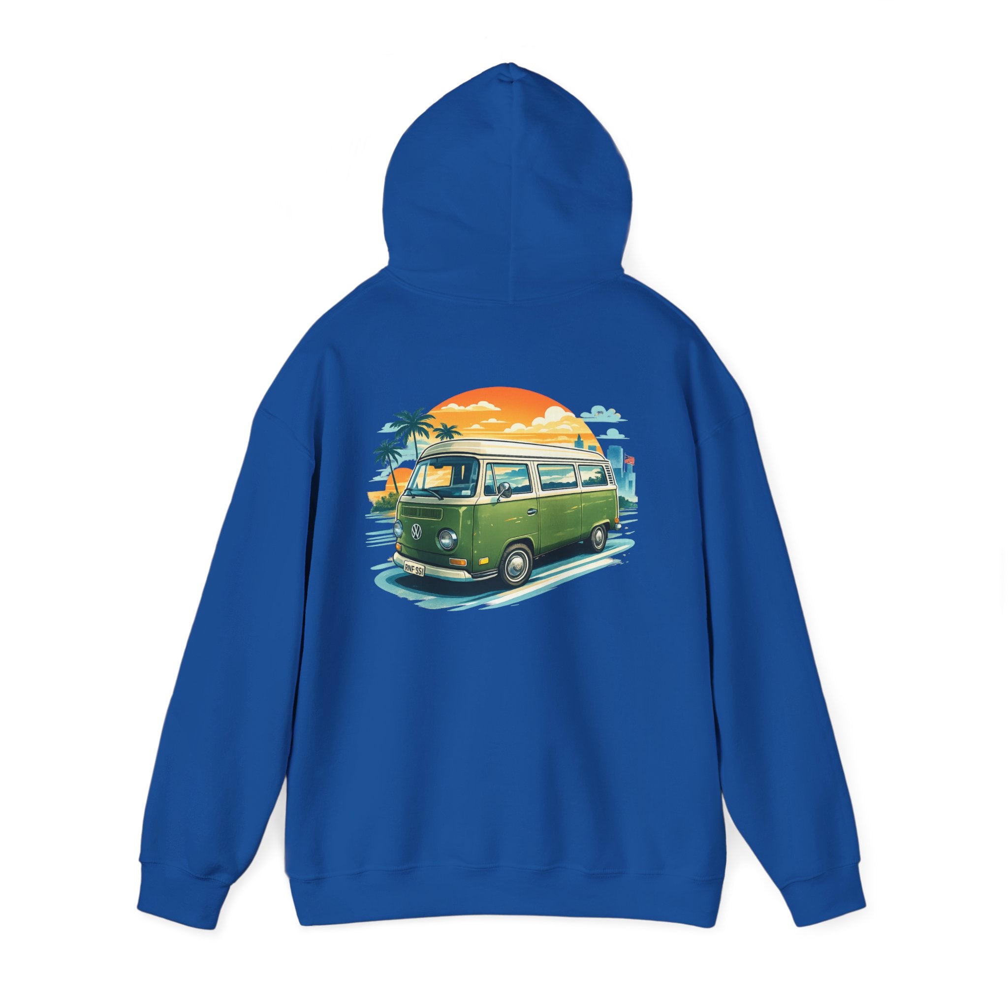 Vintage Green VW Camper Hoodie — Retro Surf Van Sunset Pullover