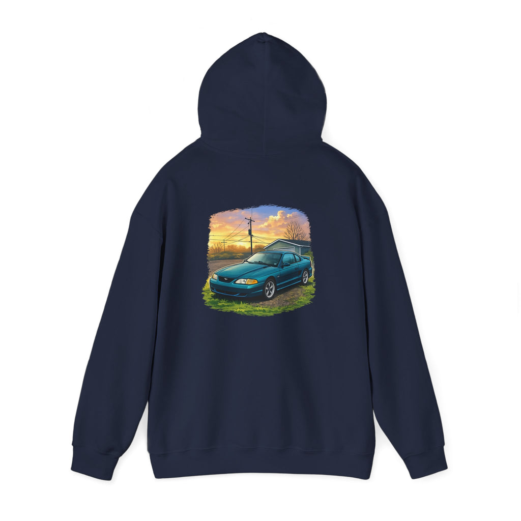 Sunset teal Mustang Hoodie — Vintage Car Sunset Graphic Hooded Sweatshirt