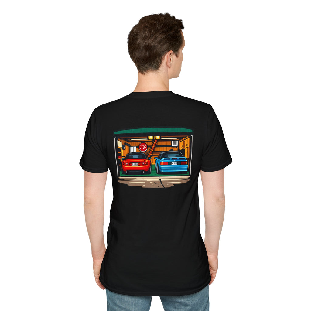 Classic Car Garage T-Shirt — Retro Twin Sports Cars Backprint