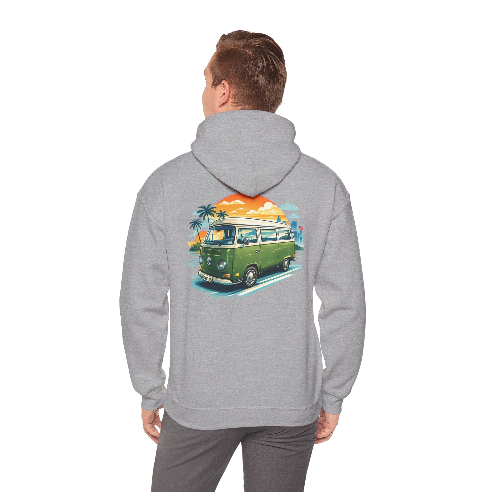 Vintage Green VW Camper Hoodie — Retro Surf Van Sunset Pullover