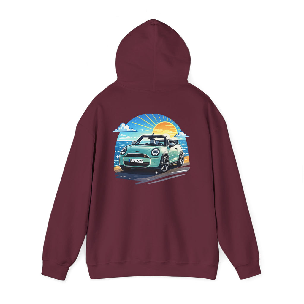 Mini Cooper Beach Sunset Hoodie — Retro Car Graphic Sweatshirt