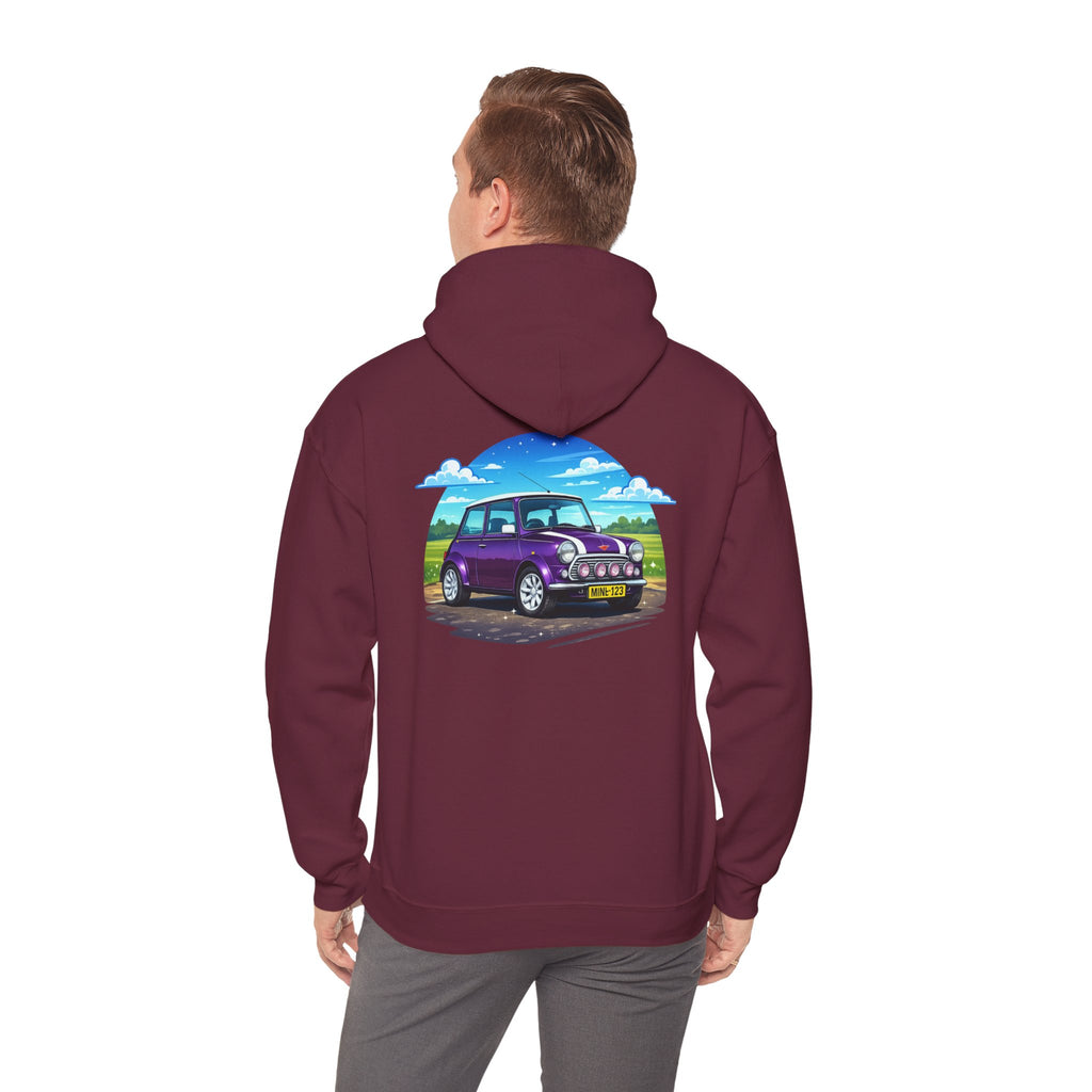 Classic Mini Cooper Hoodie — Retro Purple Car Graphic Pullover