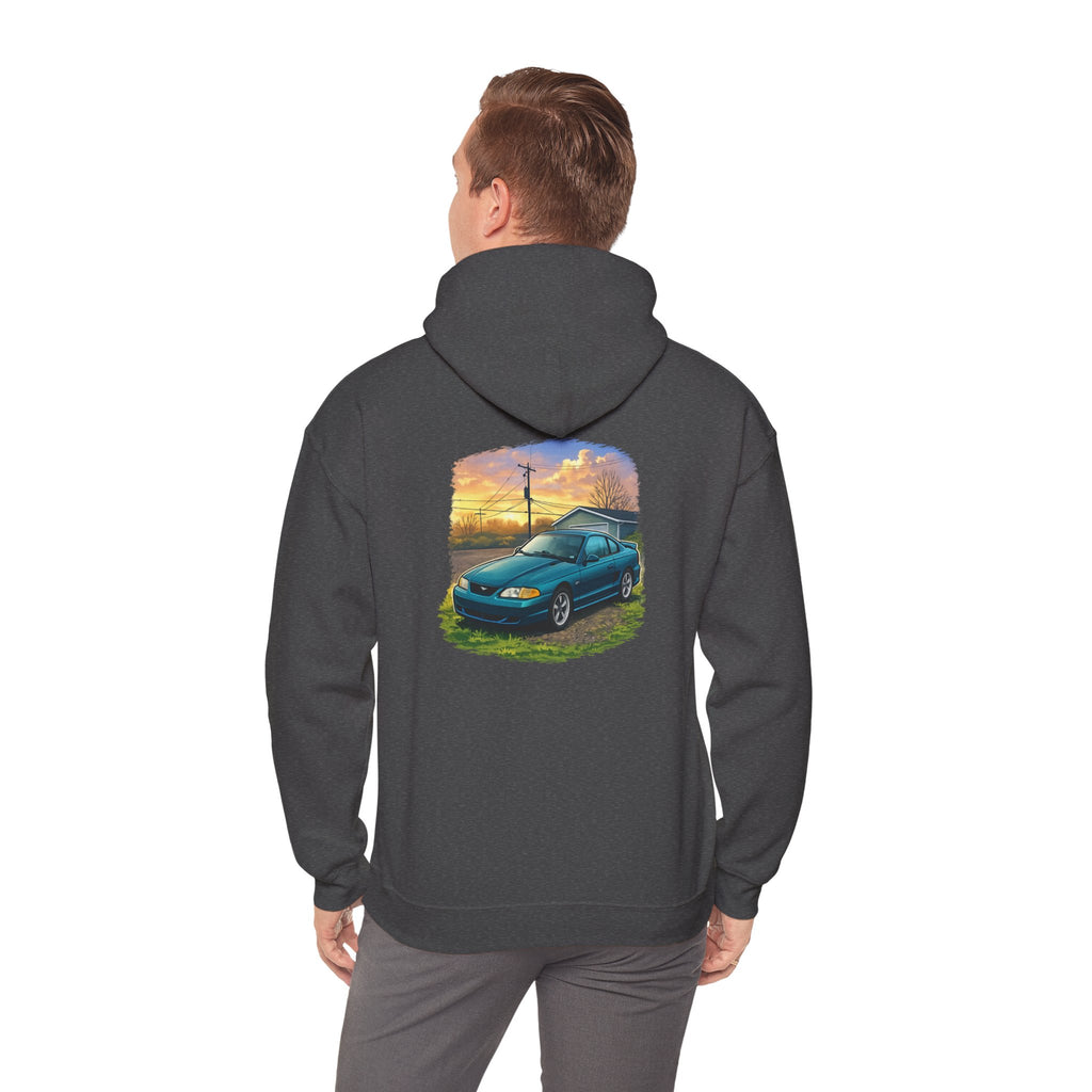 Sunset teal Mustang Hoodie — Vintage Car Sunset Graphic Hooded Sweatshirt
