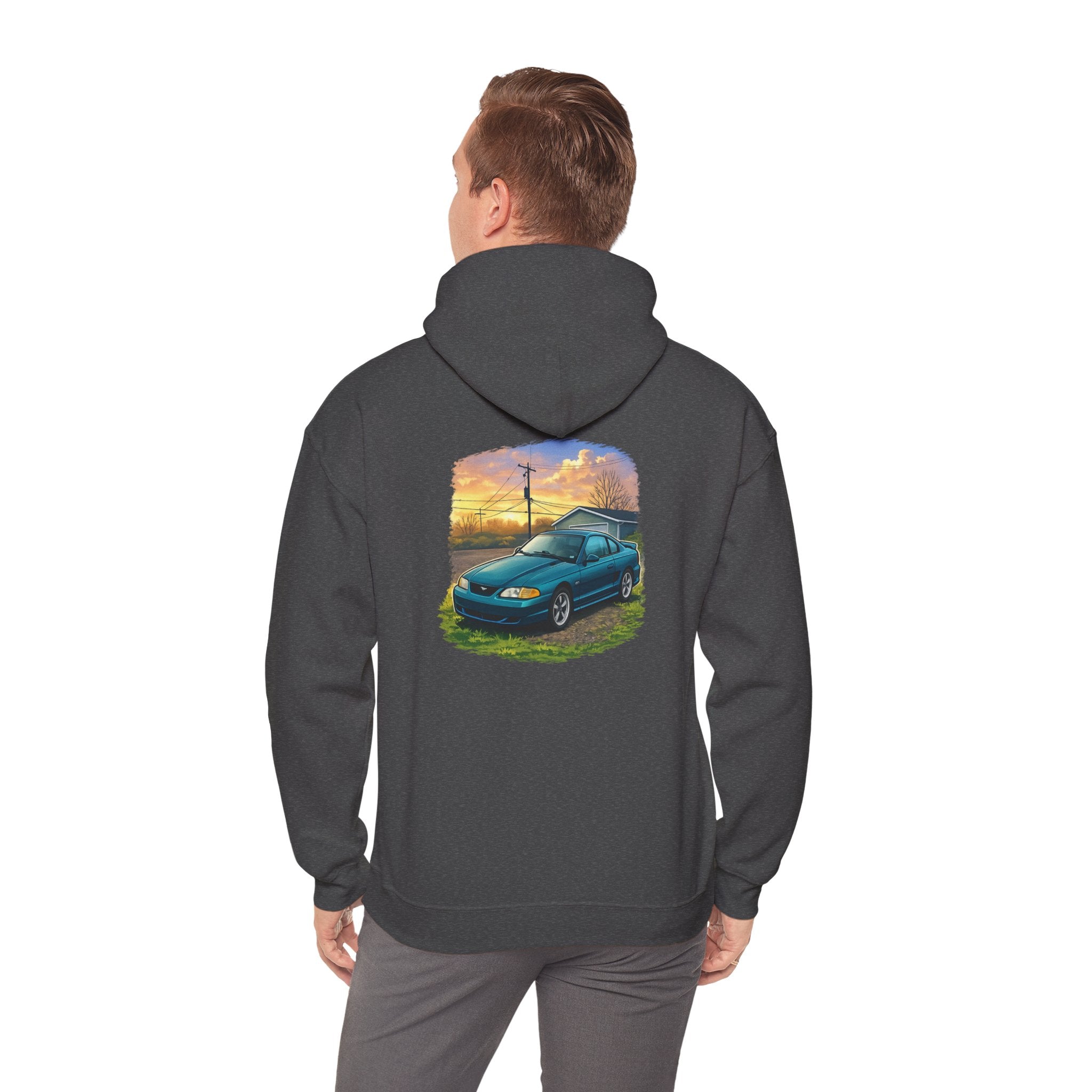 Sunset teal Mustang Hoodie — Vintage Car Sunset Graphic Hooded Sweatshirt