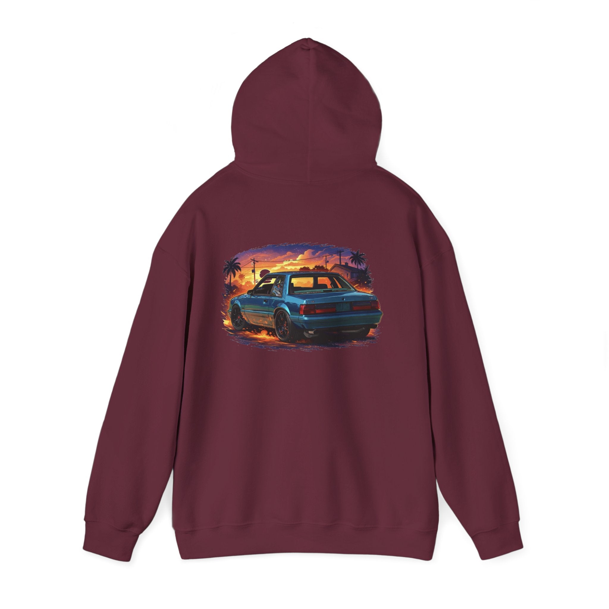 Vintage Mustang Car Hoodie — Sunset Palm Beach Classic Cruiser Sweatshirt