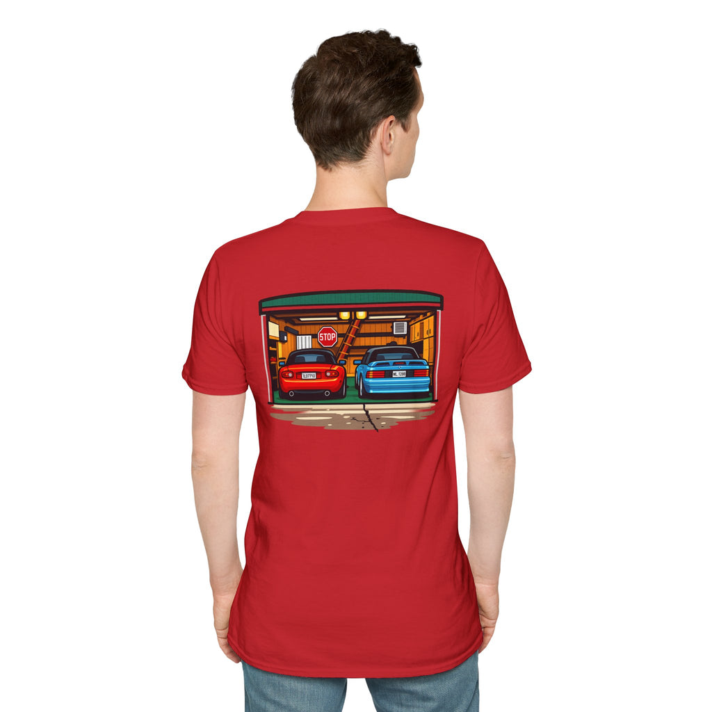 Classic Car Garage T-Shirt — Retro Twin Sports Cars Backprint